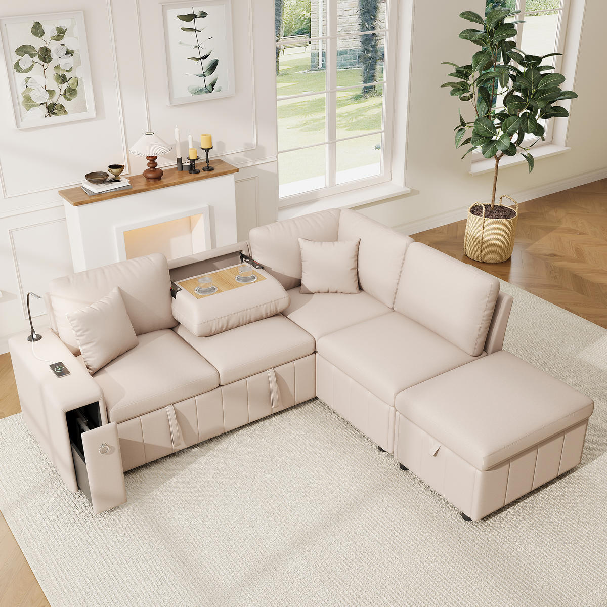 SCHLAFSOFA Beige L-Form USB Stauraum Tisch 2 Kissen - Beige, Textil (184/213cm) - FLIEKS