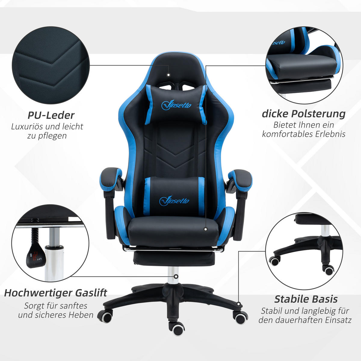 GAMING Stuhl, Kunstleder, Schwarz+Blau - Multicolor, Leder (65/129/65cm) - Vinsetto