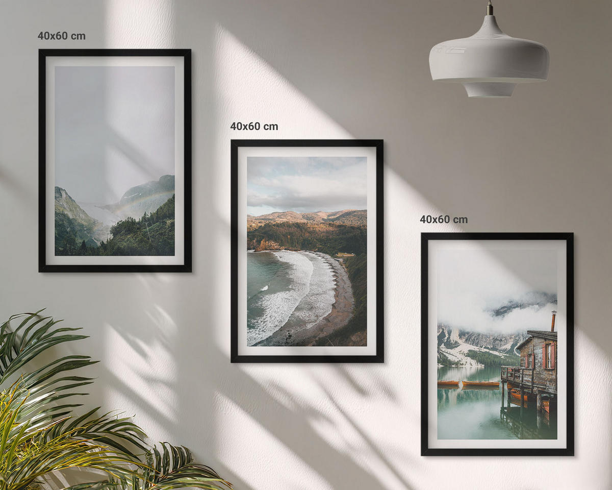 BILDER SET 3er Set - 40x60 cm Schwarzer Rahmen - Berge, Strand, Wolken, Wasser - Schwarz, Kunststoff (40/60cm) - TULUP