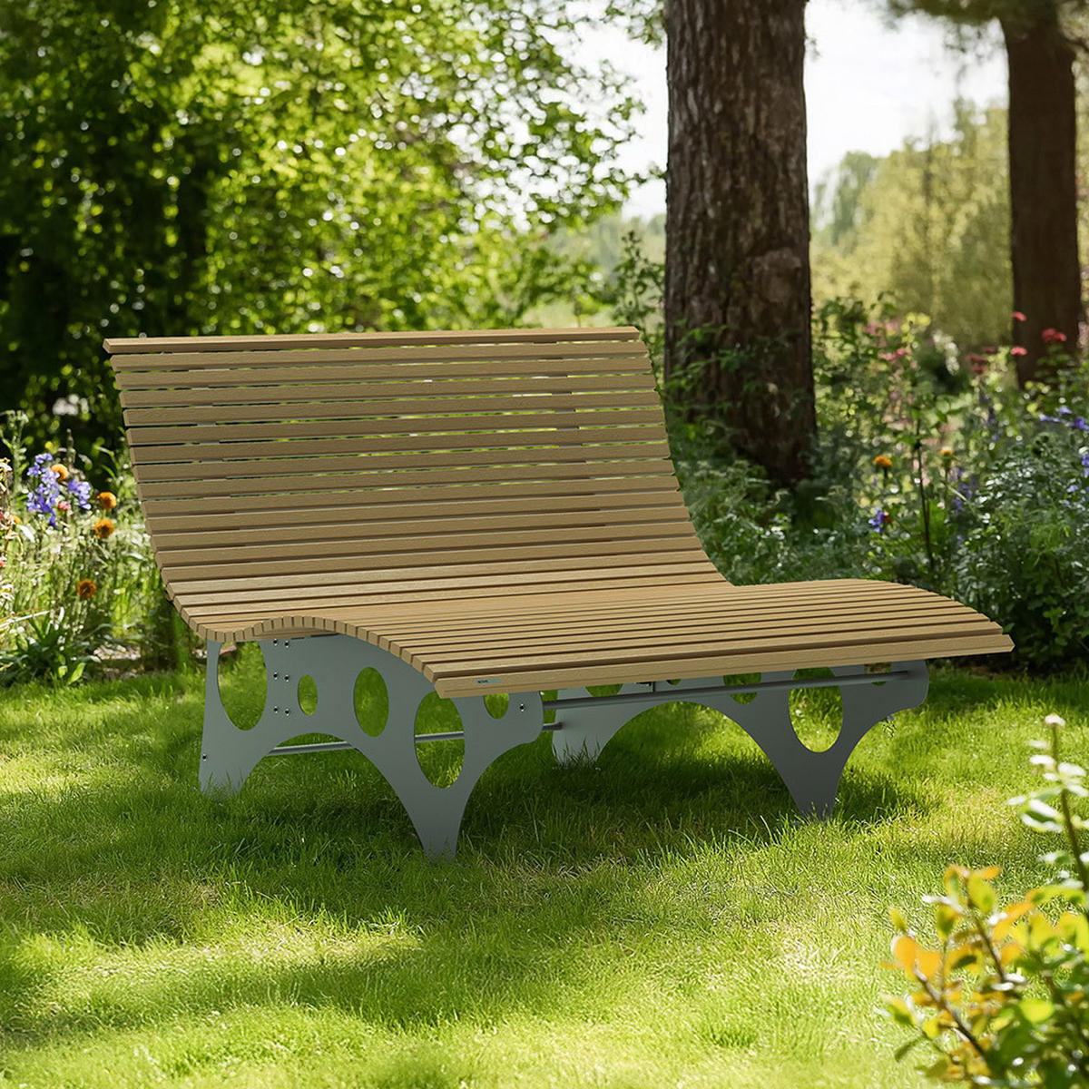 WELLENLIEGE NIRA - Teak, 148 cm - Teakfarben, Holz/Metall (148/105/152cm) - Home Deluxe