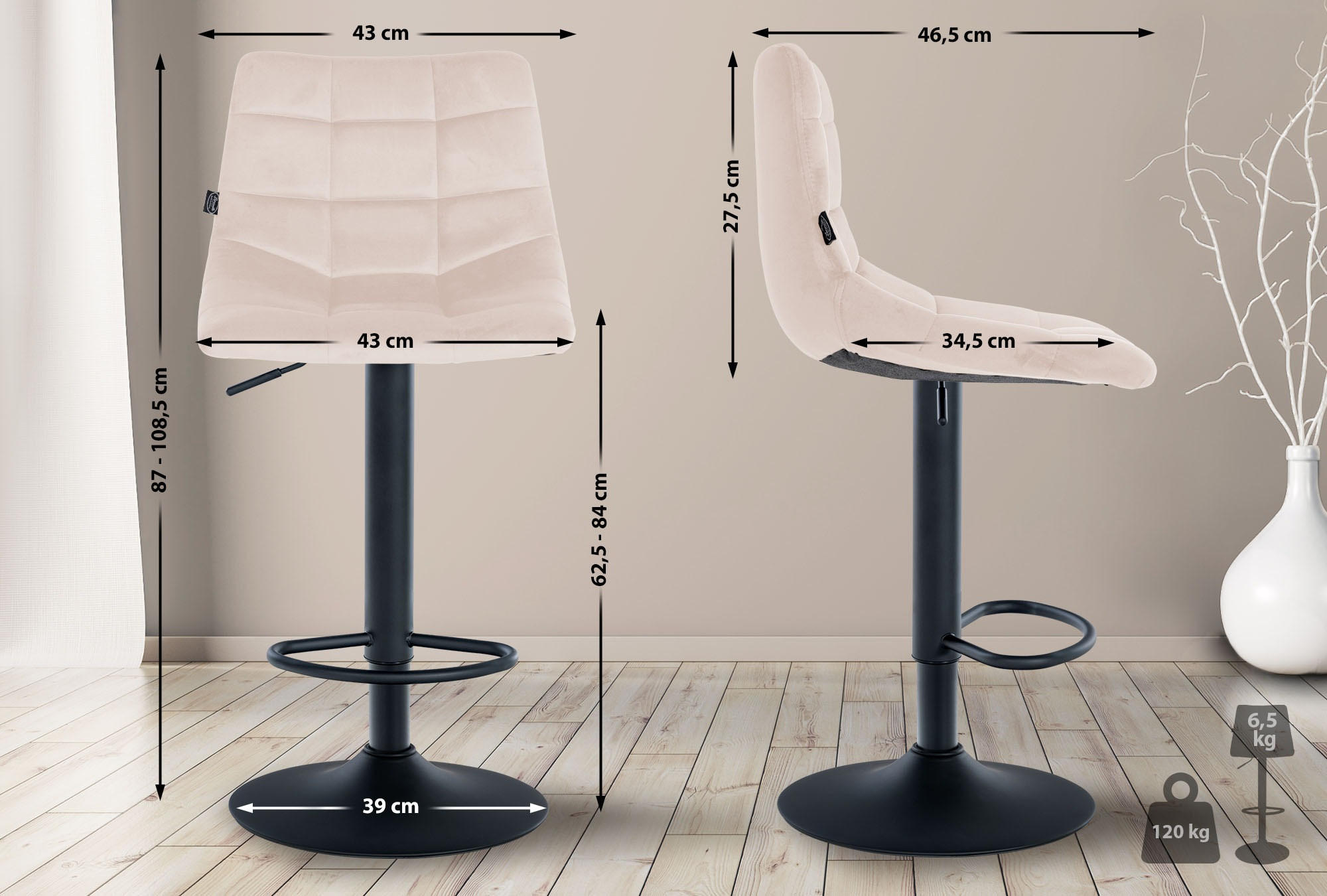 BARHOCKER 2er-Set DUBAI Beige Samt Schwarz - Beige, Textil/Metall (43/87/46.5cm) - DELUKE