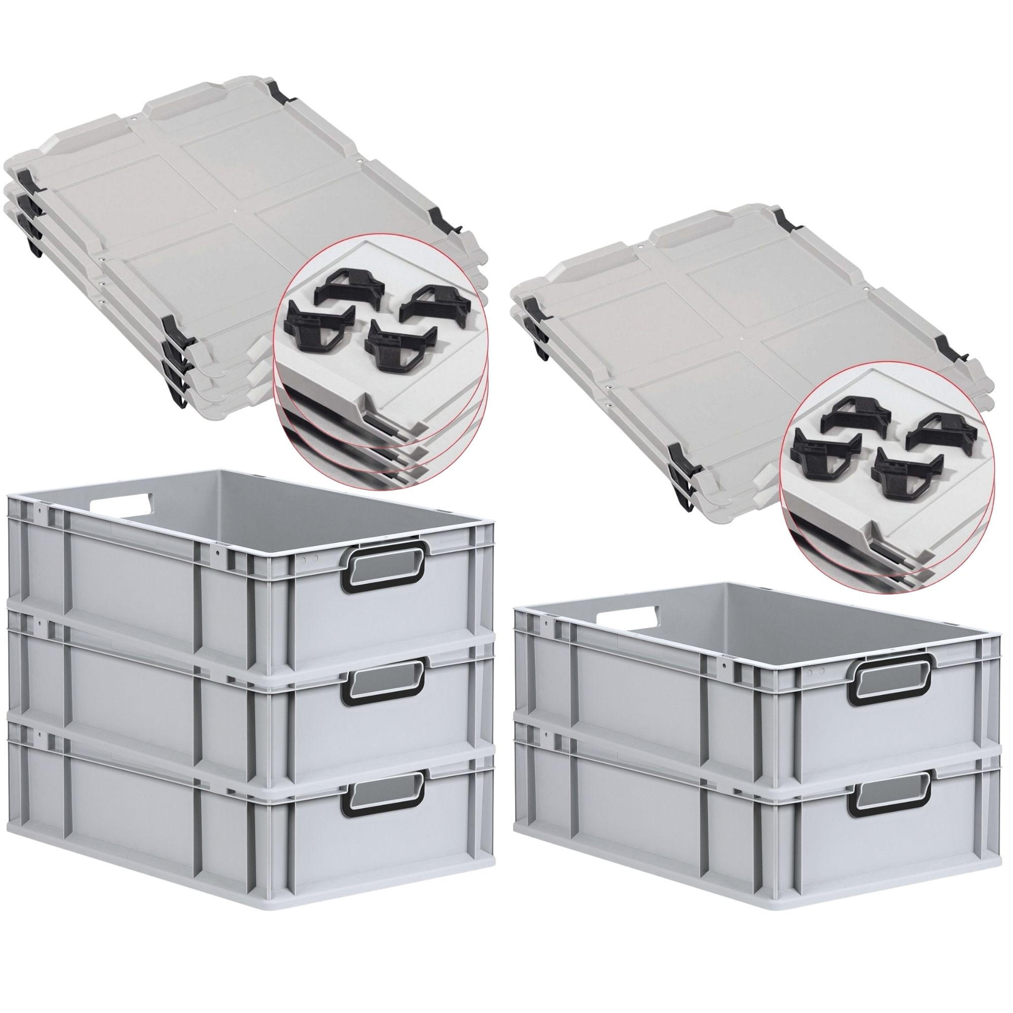 EUROBOX 5x NextGen Color mit Auflagedeckel 17x40x60 cm 34 Liter Grau Griffe schwarz offen - Schwarz/Grau, Kunststoff (40/17/60cm) - PROREGAL