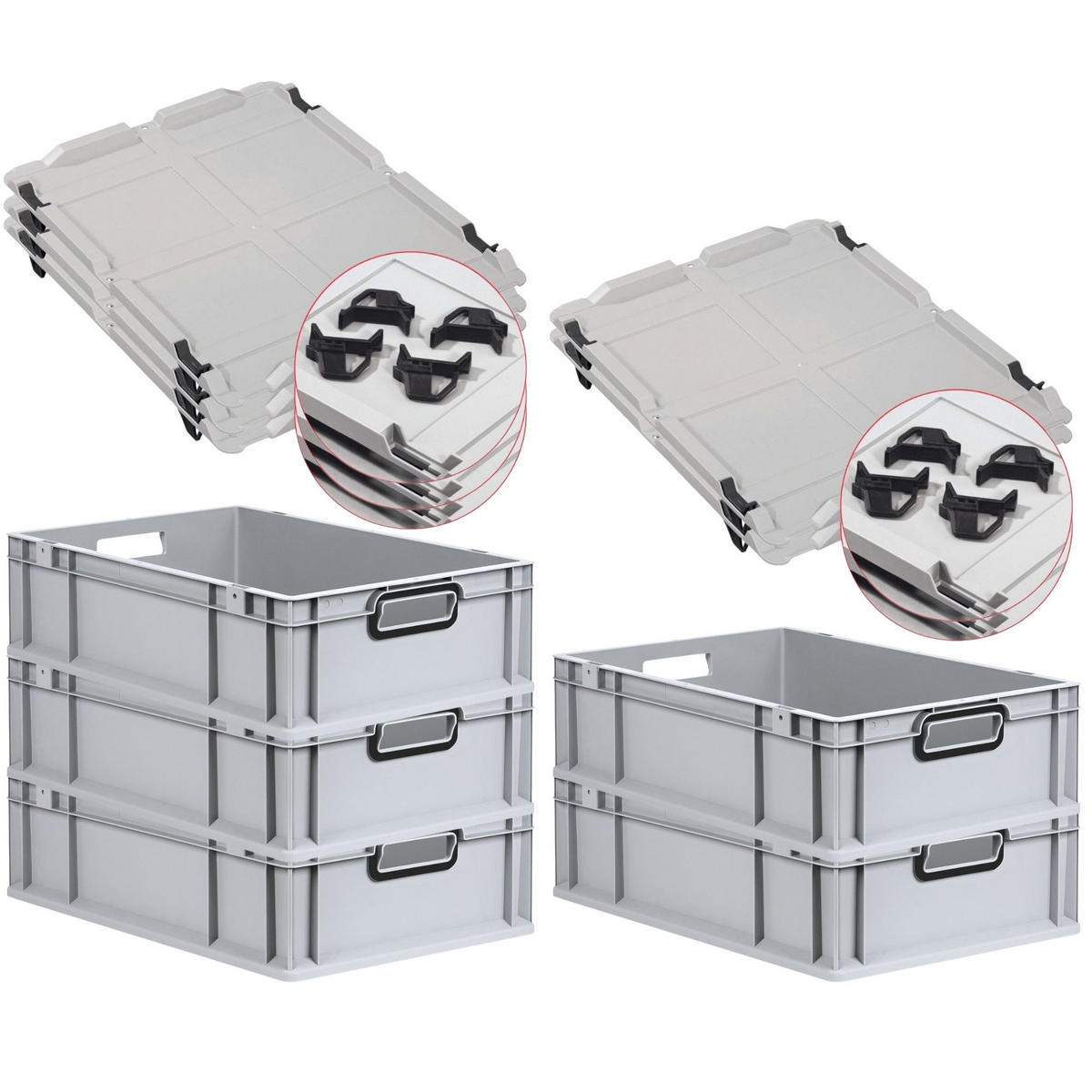 EUROBOX 5x NextGen Color mit Auflagedeckel 17x40x60 cm 34 Liter Grau Griffe schwarz offen - Schwarz/Grau, Kunststoff (40/17/60cm) - PROREGAL