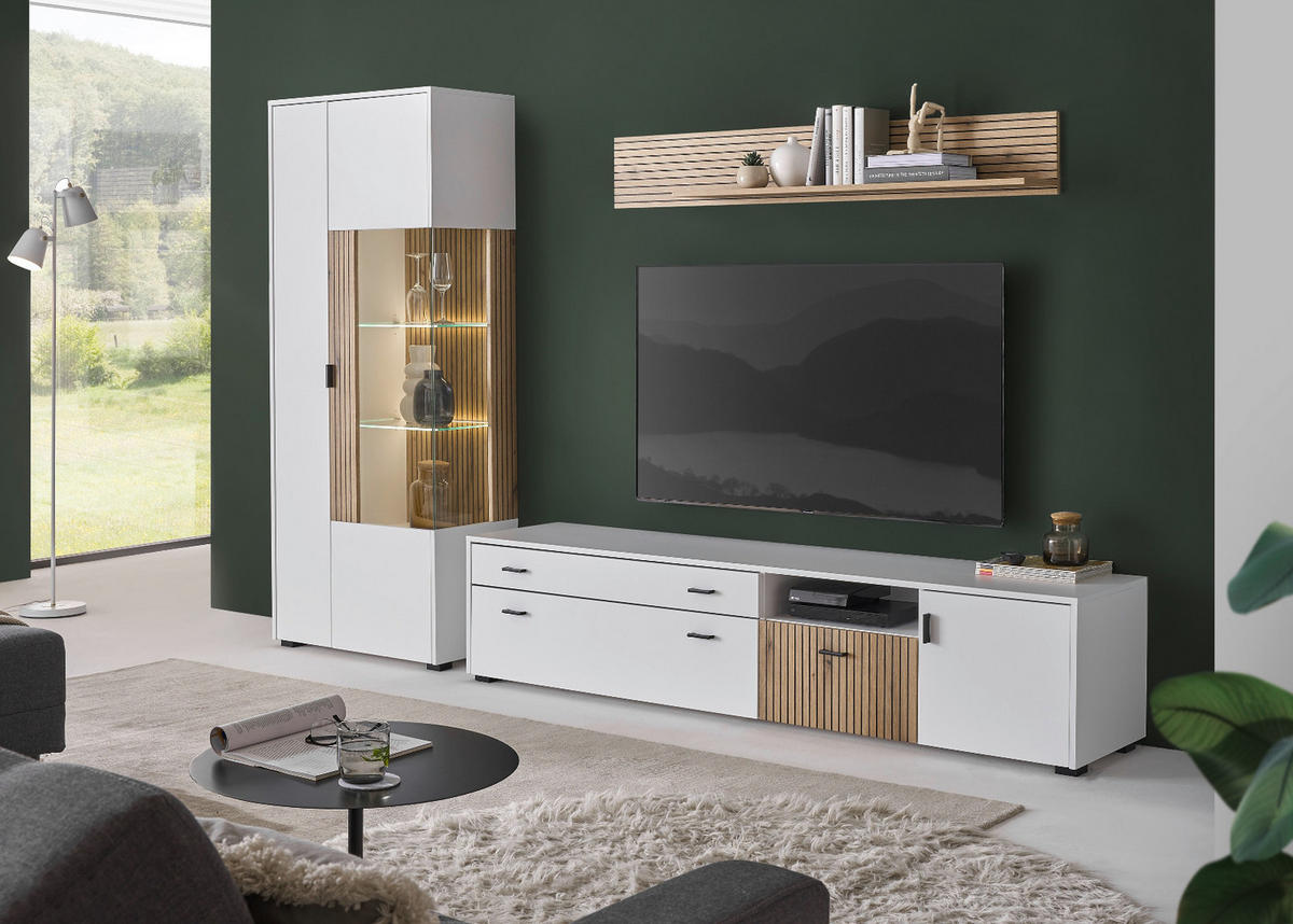 WOHNWAND 3-teilig weiß matt, Eiche 285 cm, Schrankwand mit Soft-Close-Funktion - Eichefarben/Schwarz, Glas/Holzwerkstoff (285/180/42cm) - Furn.Design
