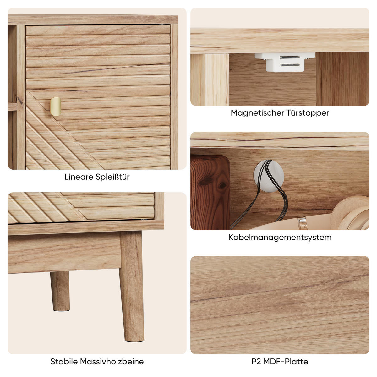 TV-SCHRANK 110 cm Eiche Natur mit 2 Türen, offenen Fächern & Kabelmanagement im Mid-Century-Stil - Eichefarben, Holzwerkstoff (110/48/40cm) - Urban Meuble
