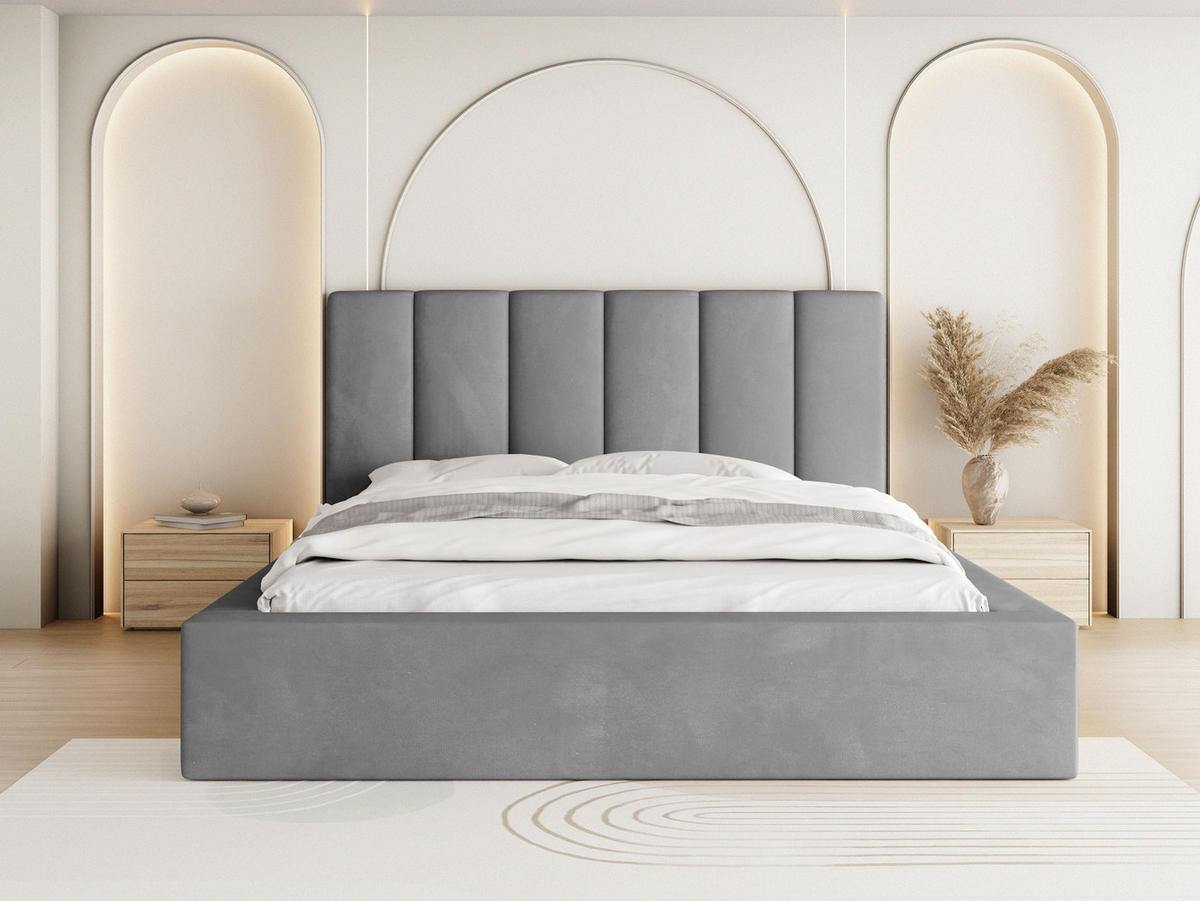 POLSTERBETT Amira mit Bettkasten, Grau Samt 180x200 cm - Birkefarben/Schwarz, Holz/Holzwerkstoff (180/200cm) - WFL GROUP