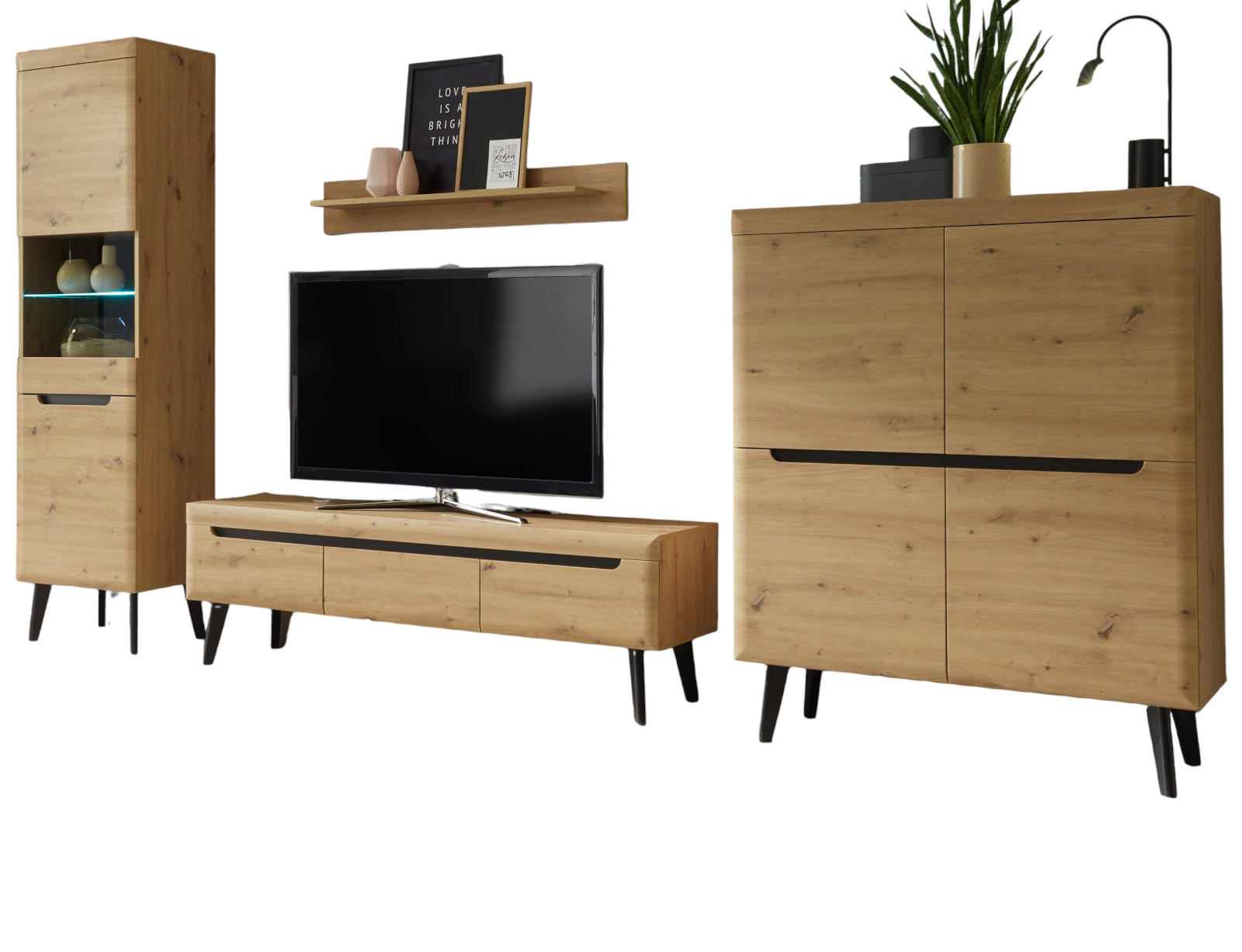 WOHNWAND Artisan Eiche schwarz, Wohnkombination 4-teilig skandinavisch, 360 x 197 cm - Eiche Artisan, Holzwerkstoff (360/197/40cm) - Furn.Design