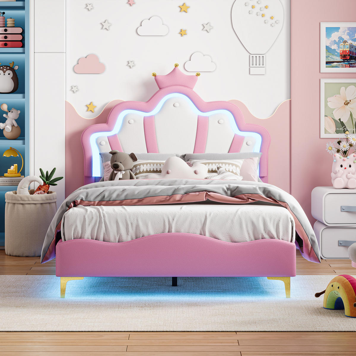 KINDERBETT 90/190 cm Rosa,LED-Kinderbett mit Verstellbarem Kopfteil,PU-Polsterbett - Rosa, Holz/Textil (90/190cm) - PARAFTA HOME