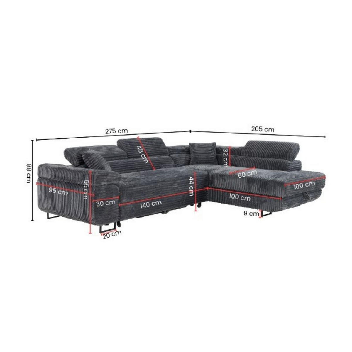 ECKSCHLAFSOFA Luis L, mit Schlaffunktion und Bettkasten – praktisch und bequem, Links, Dunkelgrau - Dunkelgrau/Schwarz, Textil (275/205cm) - AN-Moebel 4u