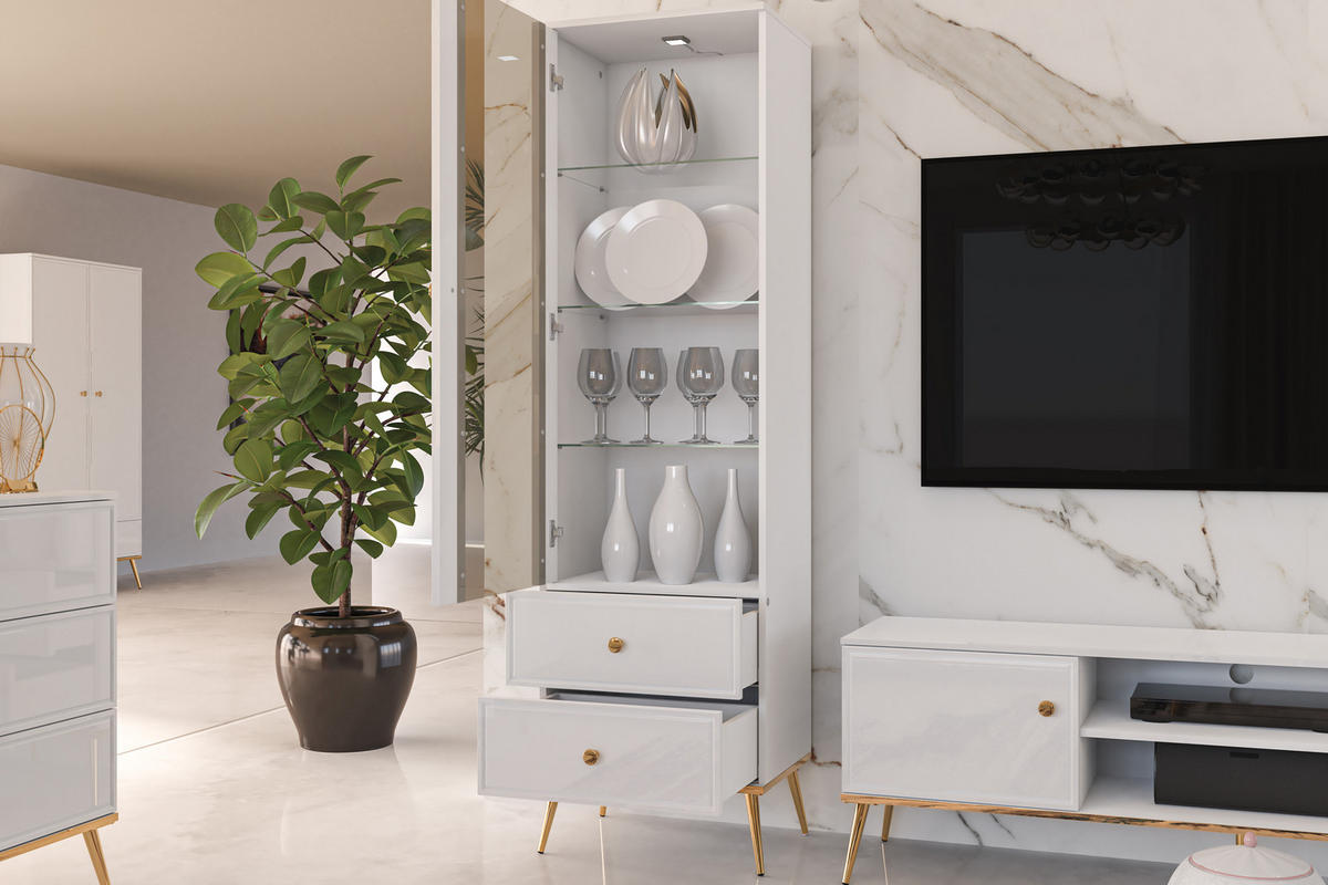 VITRINENSCHRANK ISORIA mit Beleuchtung, Glas Weiß - Goldfarben/Weiß, Holz/Metall (55/190/40cm) - KONSIMO®