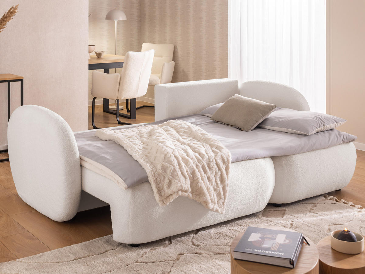 ECKSOFA Candy mit Schlaffunktion Weiß Bouclé-Stoff - Ottomane rechts - Schwarz/Weiß, Holz/Kunststoff (146/230cm) - S-Style Möbel