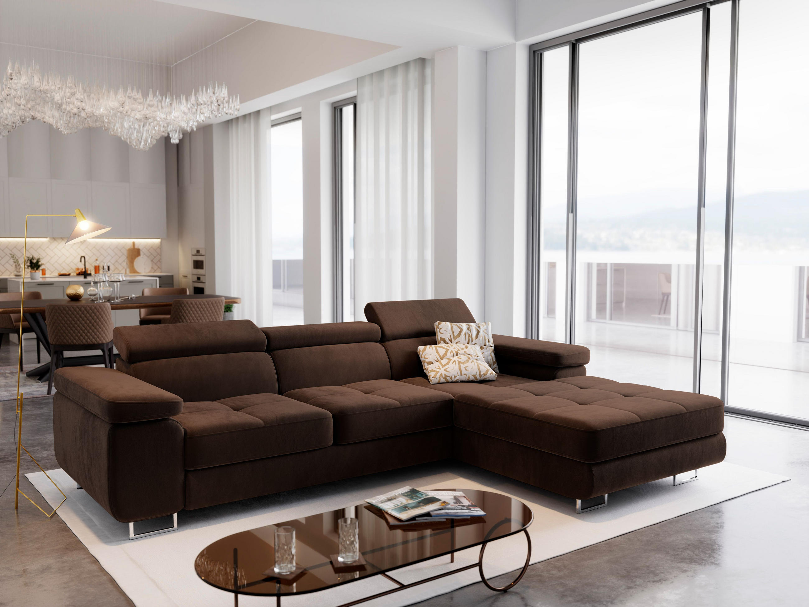 ECKSOFA ELMA R-S Braun Velours-Stoff mit Schlaffunktion - Braun, Holz (280/205cm) - MASSENO