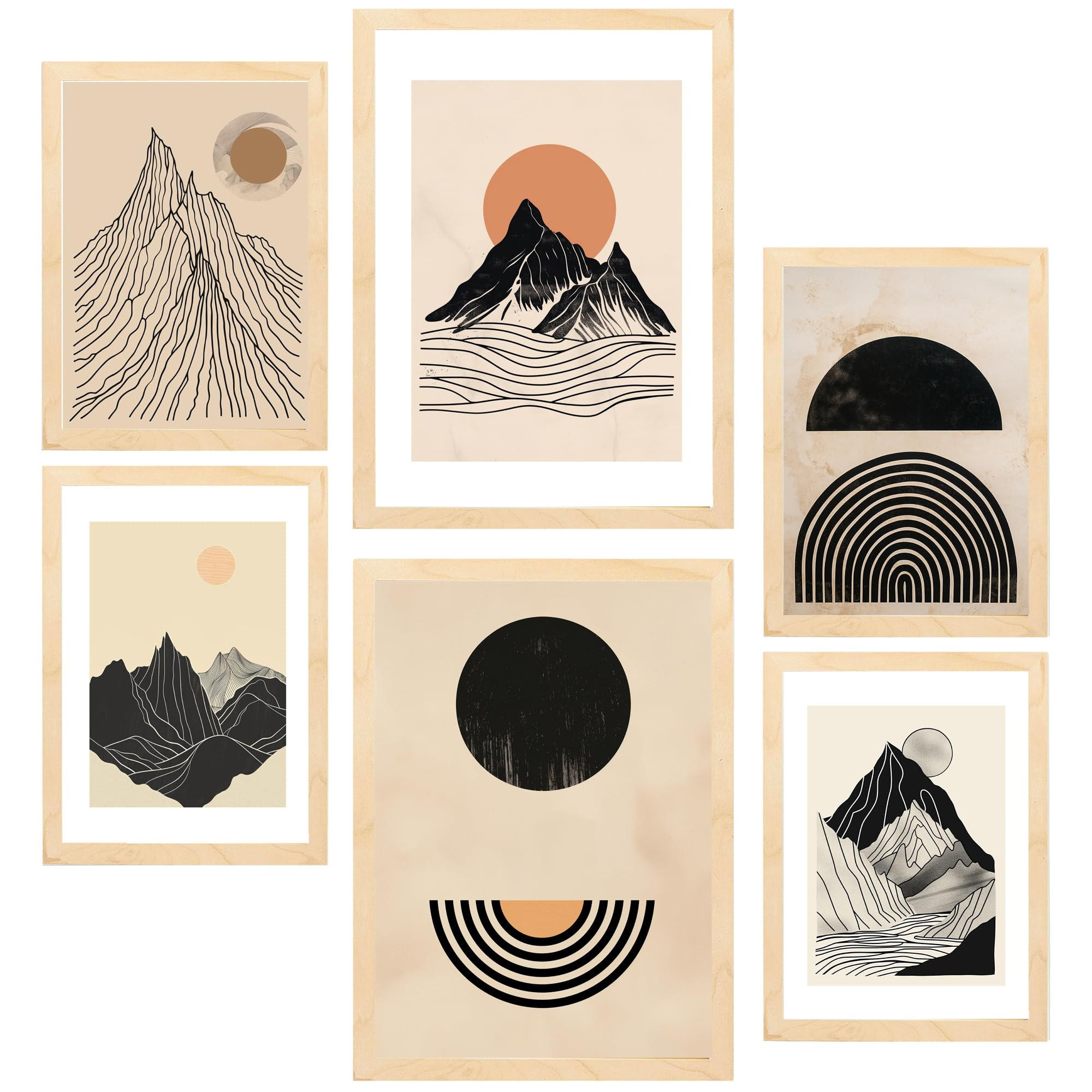 POSTER Set Mit 6 Geometrische Berge Vintage Braun Schwarz & Erdtöne A3 & A4 Rahmen Aus Hellem Holz - Beige, Papier (29/3cm) - Nacnic