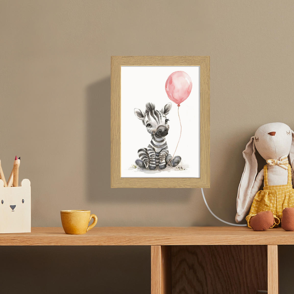 WANDLEUCHTE Zebra - Baby - Tiere - Rosa Luftballon 15x20 cm - Weiß, Holzwerkstoff (15/20/8cm) - OnlyWow