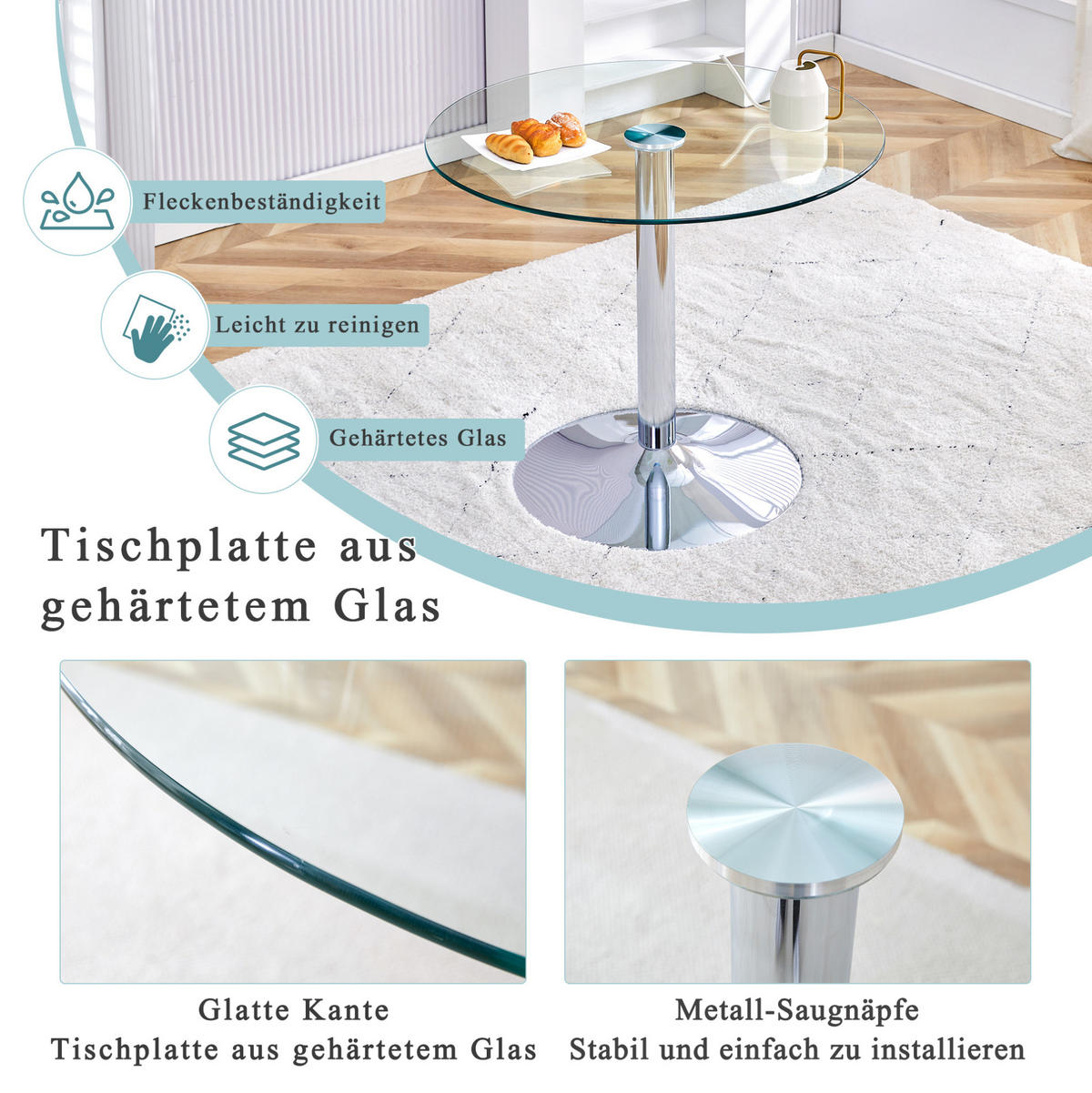 BARTISCH 85/85/76 cm aus Glas und Metall, rundes Design mit stabilem Metallgestell, Silber/Transparent - Silberfarben, Glas (85/85/76cm) - Redom
