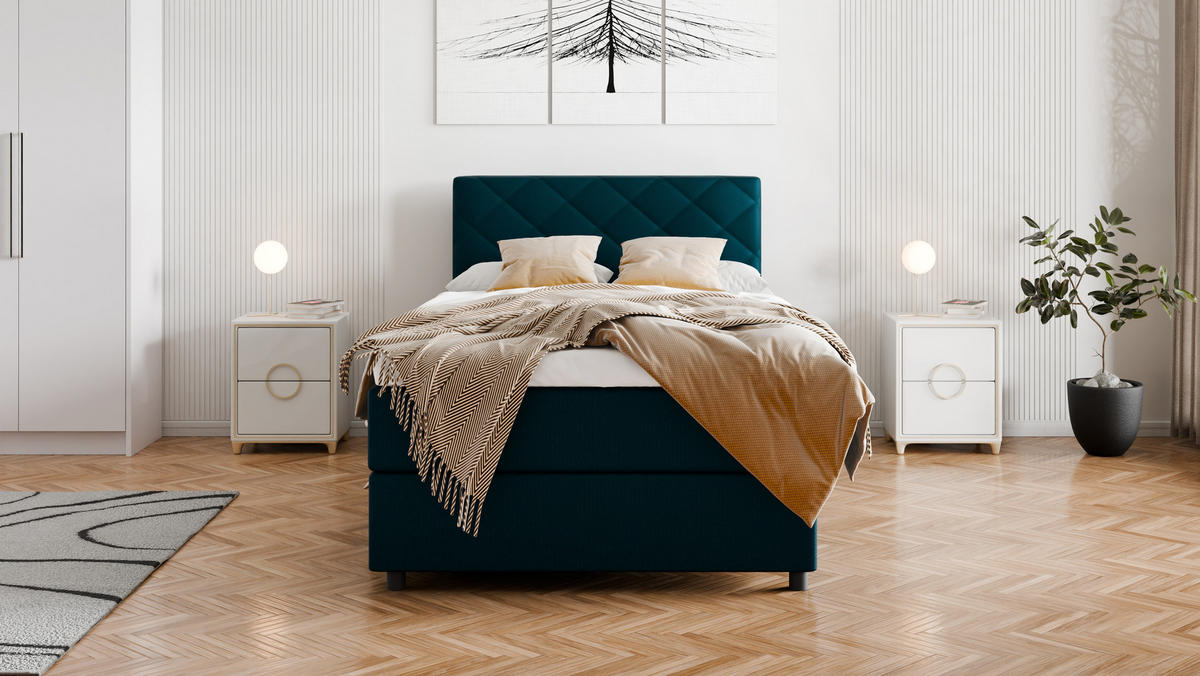 BOXBETT Diamaro 120x200 cm mit Bettkasten und Topper - Dunkeltürkis - Türkis, Holz (120/215cm) - Panda Möbel