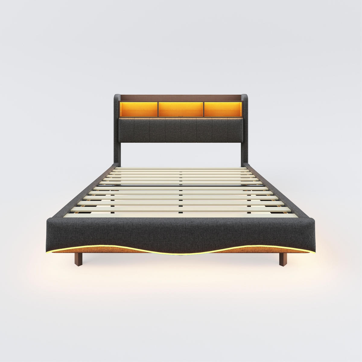 ČALÚNENÁ posteľ 160/200 cm s LED osvetlením, USB a Type-C portmi, úložným priestorom a kovovým rámom, Sivá - sivá, textil (160/200cm) - Redom