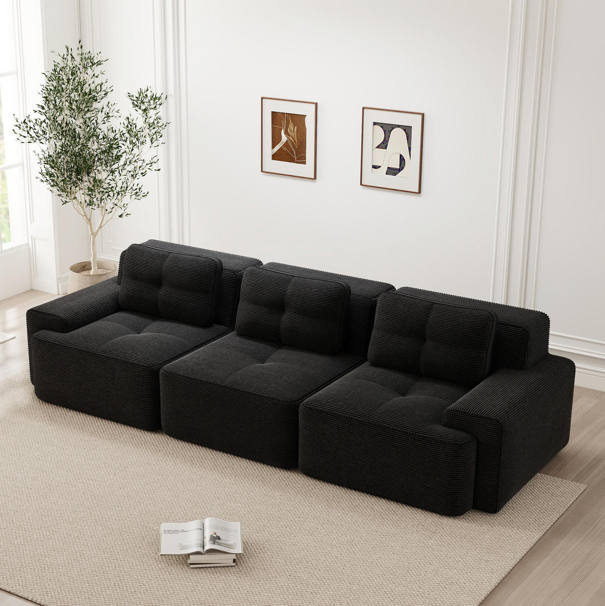 3-SITZER Sofa mit 74 cm Tiefsitz, boneless Design, cordbezogen und montagefrei, Schwarz - Schwarz, Textil (293/69/104cm) - Redom