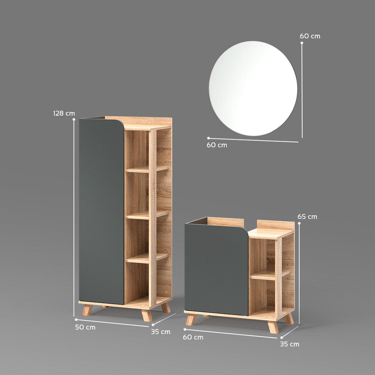 BADMÖBEL-SET Marano Anthrazit 3 Teile - Anthrazit/Sonoma Eiche, Holzwerkstoff (35/65/60cm) - Livinity®