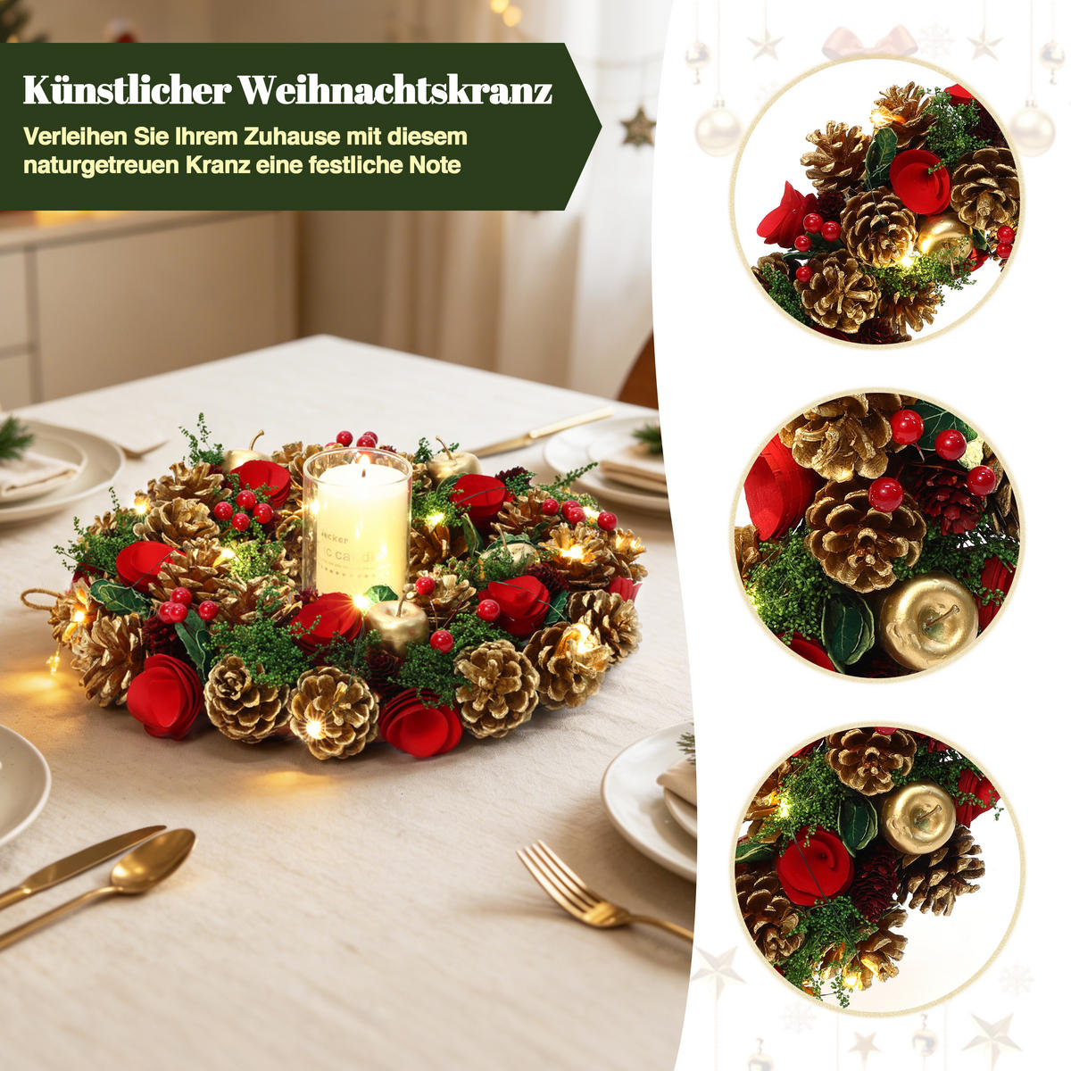 WEIHNACHTSKRANZ mit 15 LEDs, Timer, Zapfen & Blüten - Dunkelgrün, Naturmaterialien (34cm) - Hometopia
