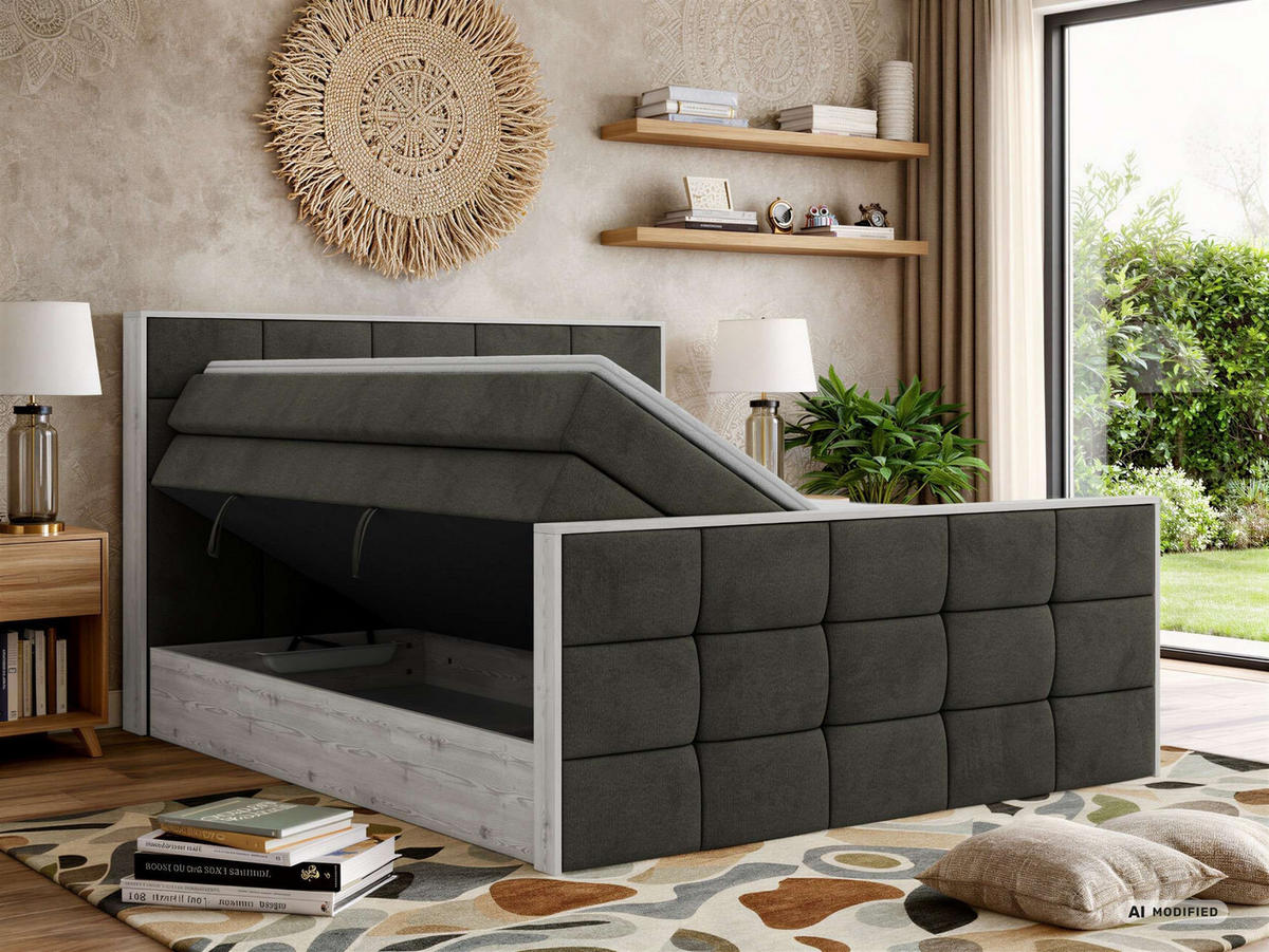 BOXSPRINGBETT ALNOR KING DUO 200/200 - Dunkelgrau Velvet - Topper T25 - H4 - Dunkelgrau/Anthrazit, Kunststoff/Textil (200/200cm) - MKS