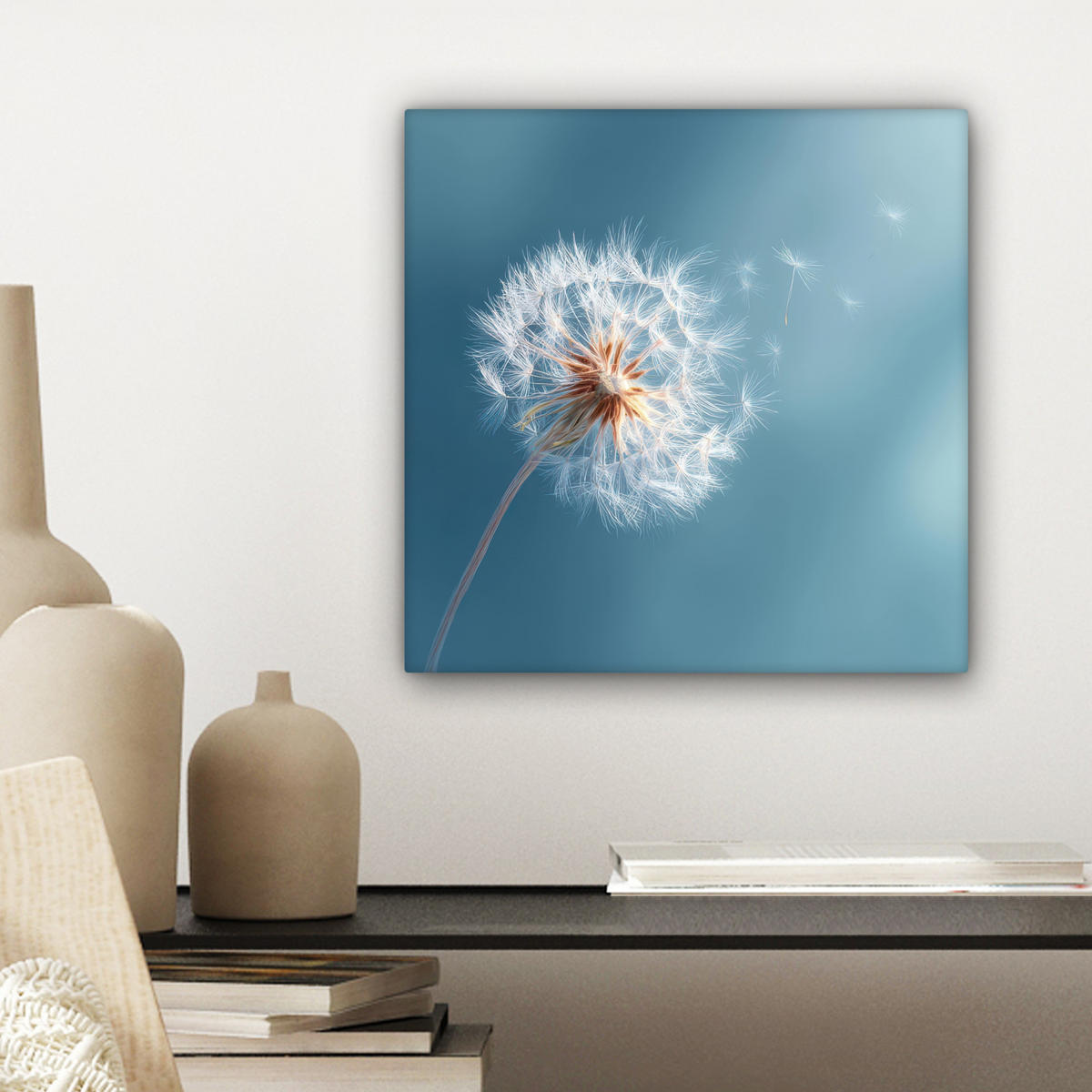 LEINWANDBILD Löwenzahn - Wind - Blau Deko Wohnzimmer 20x20 cm - Blaugrau, Textil (20/20cm) - MuchoWow