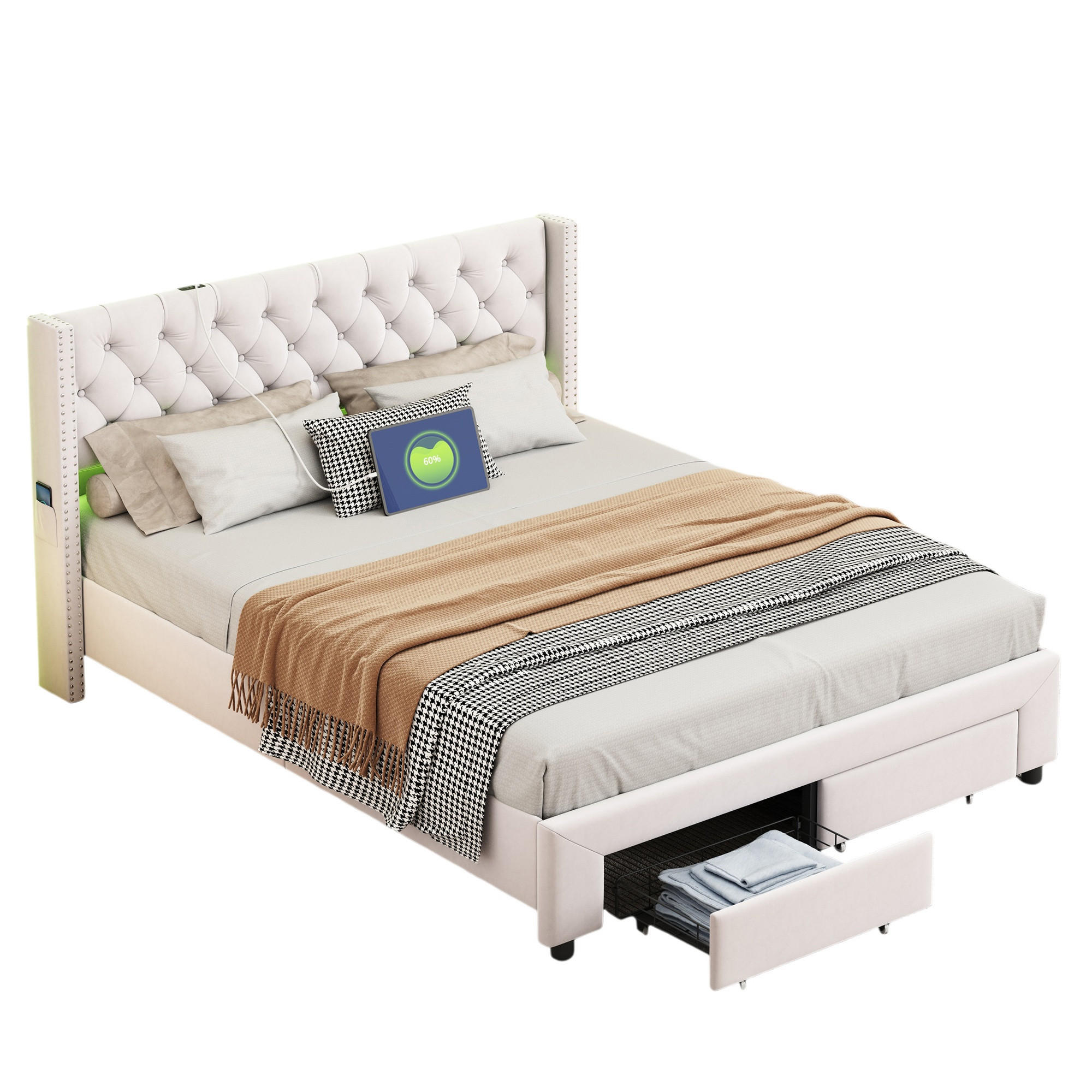 STAURAUMBETT 180/200 cm, mit 2 Schubladen, LED-Beleuchtung, USB, Beige - Beige, Holzwerkstoff (180/200cm) - Brevoria