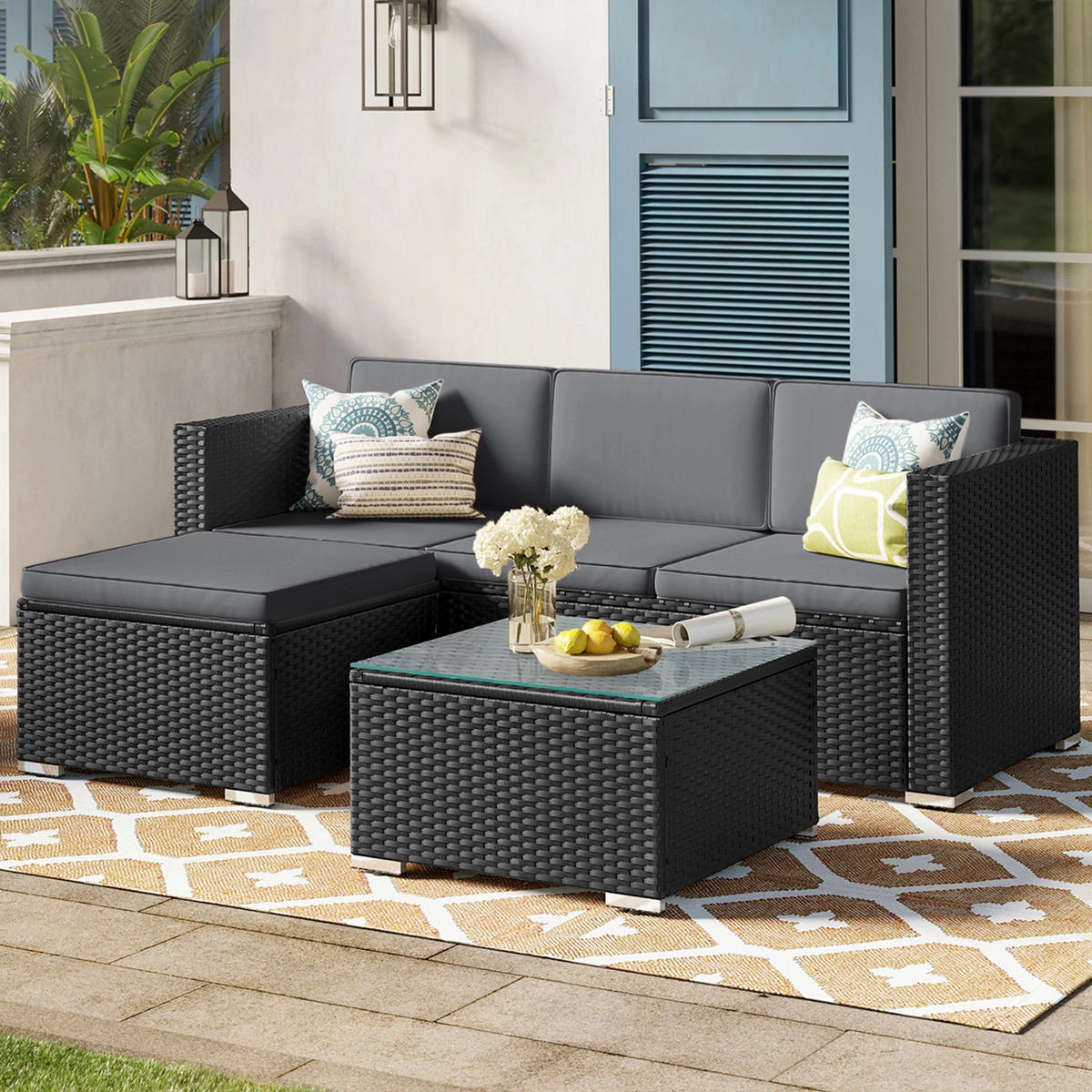 LOUNGEGARNITUR PE-Polyrattan Schwarz, Sofa mit Tisch - Schwarz, Textil - Kaket