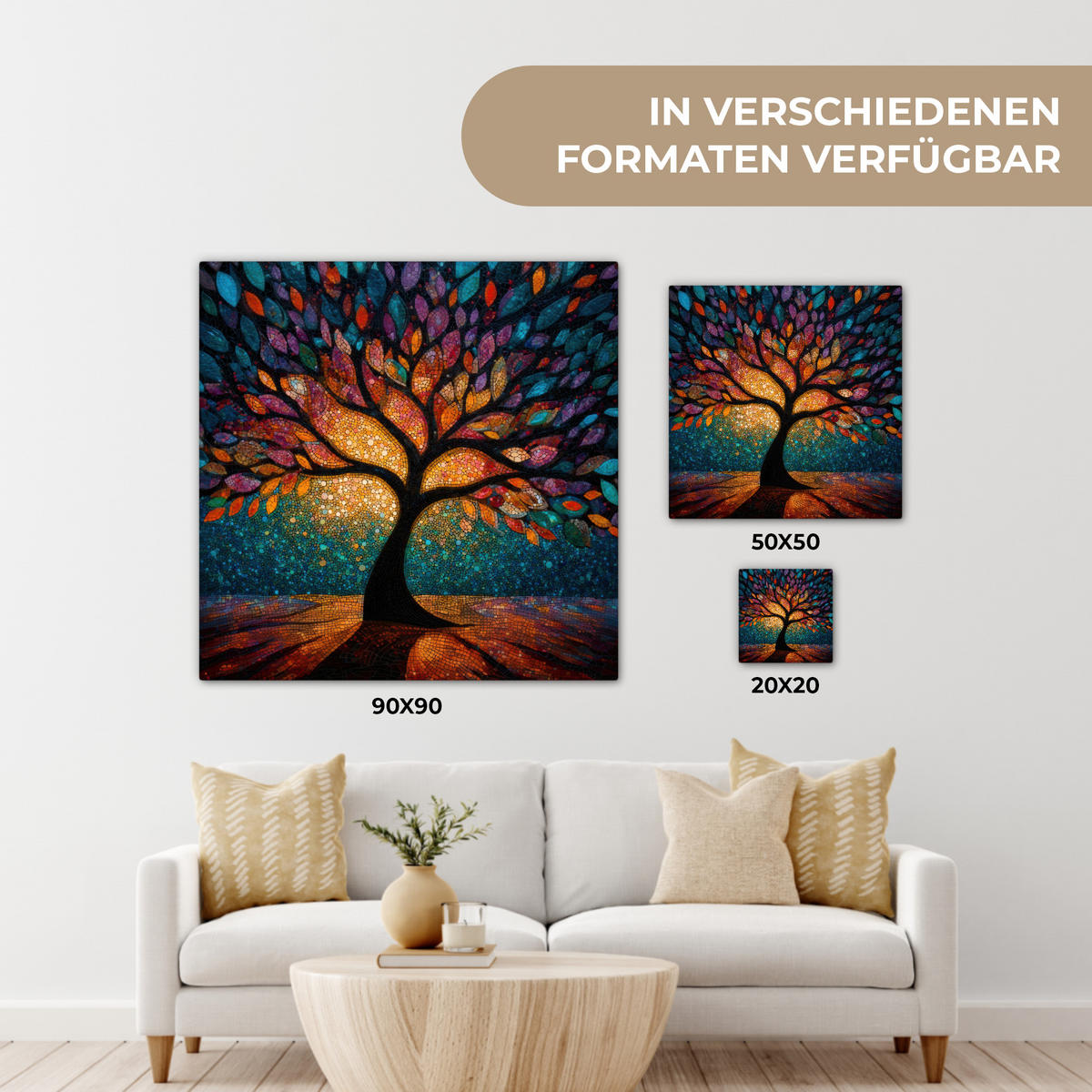 LEINWANDBILD Mosaik - Bunt - Baum - Äste Wandbild Wohnzimmer 50x50 cm - Multicolor, Textil (50/50cm) - MuchoWow