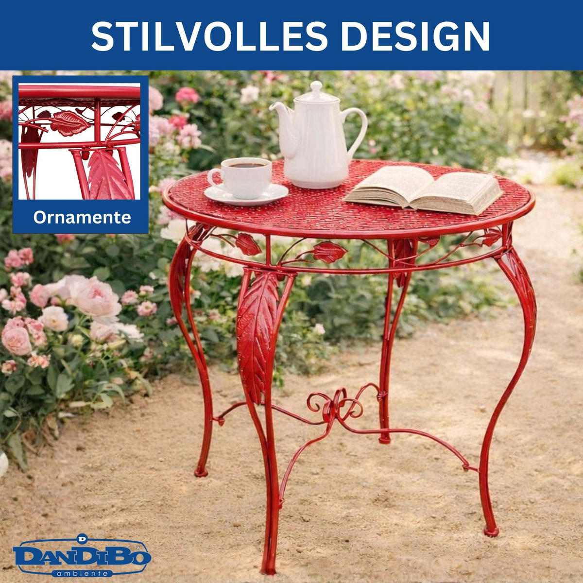 GARTENTISCH Rund 70cm Metall Antik Rot Wetterfest Terrassentisch - Rot, Metall (75/75/73cm) - DanDiBo
