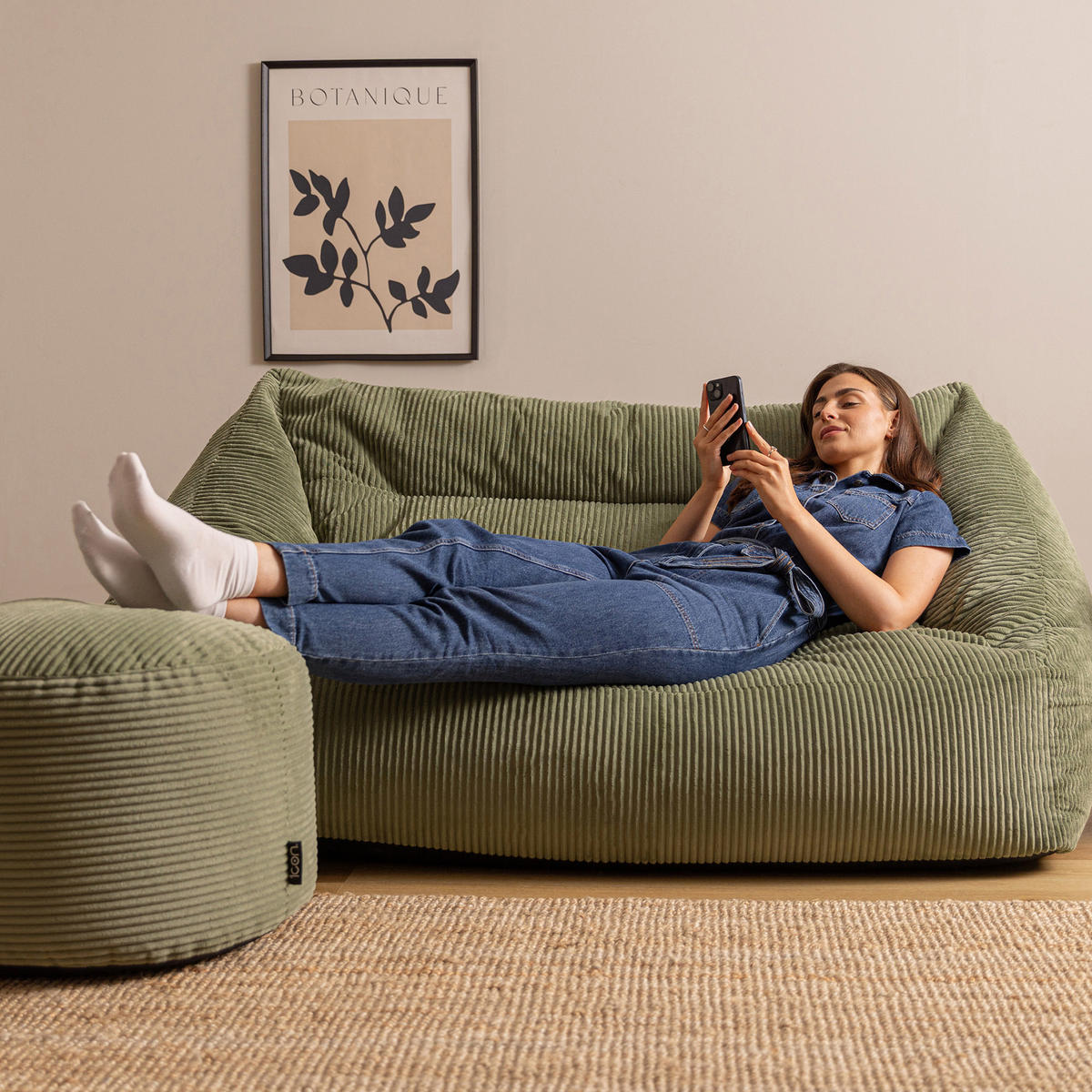 SITZSACK Sofa mit rundem Hocker - Salbeigrün, Textil (160/70/93cm) - icon