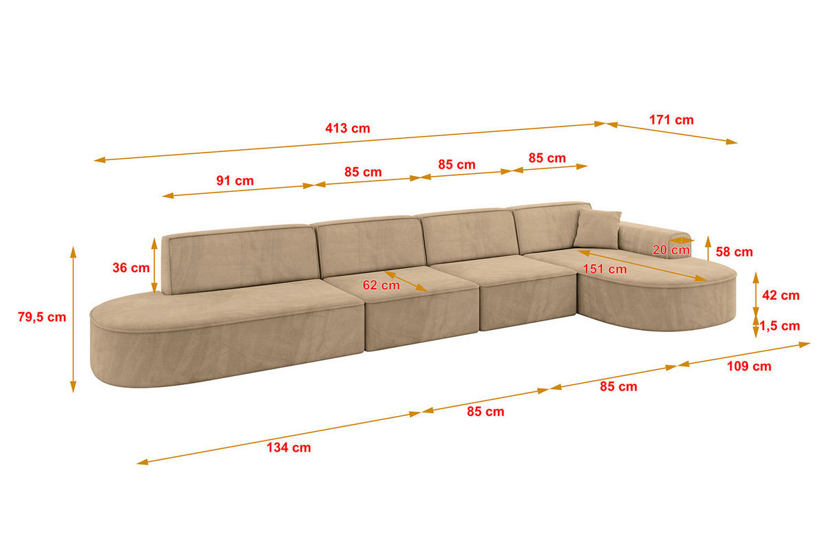 ECKSOFA Ottomane Rechts MARI-L3 - 413x171x79 cm Taupe Velours - Taupe/Schwarz, Holzwerkstoff/Kunststoff (171/413cm) - ALTDECOR
