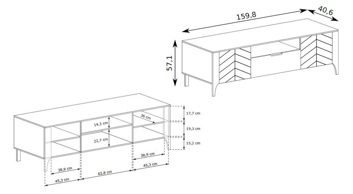 RTV-SCHRANK Lumi Schwarz, Zweitüriger TV-Tisch mit Schublade - Schwarz, Holzwerkstoff (160/57/41cm) - Bettso