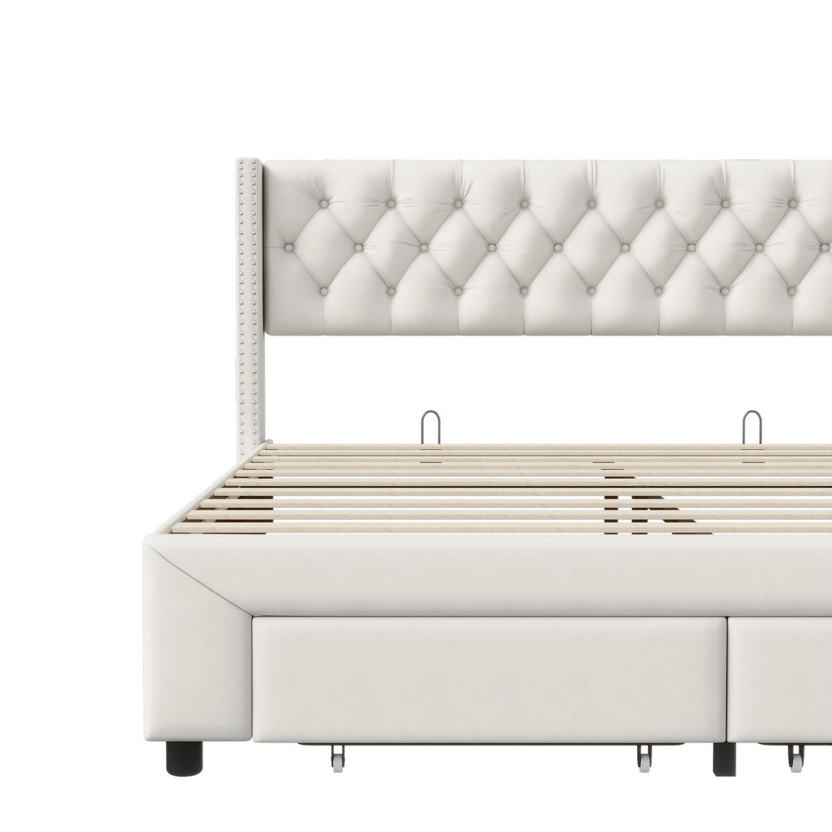POLSTERBETT 160x200 cm, 2 Fußschubladen, LED-Leiste, Doppel-USB, beiger Samtstoff - Beige, Holz (160/200cm) - BRILVERDE