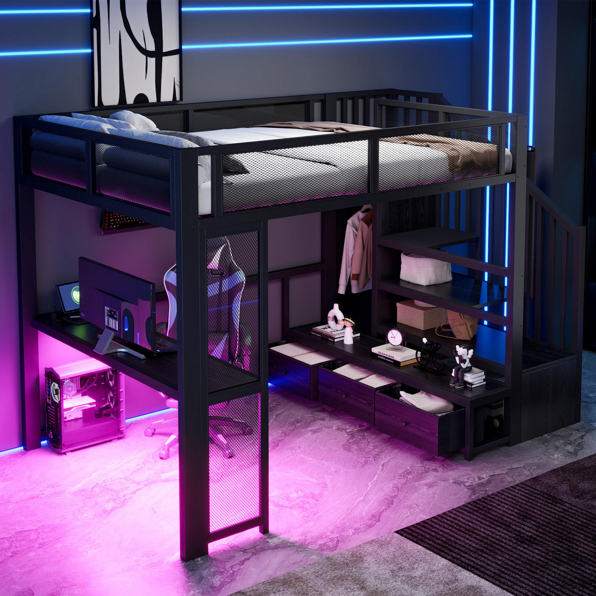 HOCHBETT 140x200 cm mit Treppe/USB-Anschluss und LED-Beleuchtung, Schwarz - Schwarz, Metall (140/200cm) - KOMHTOM