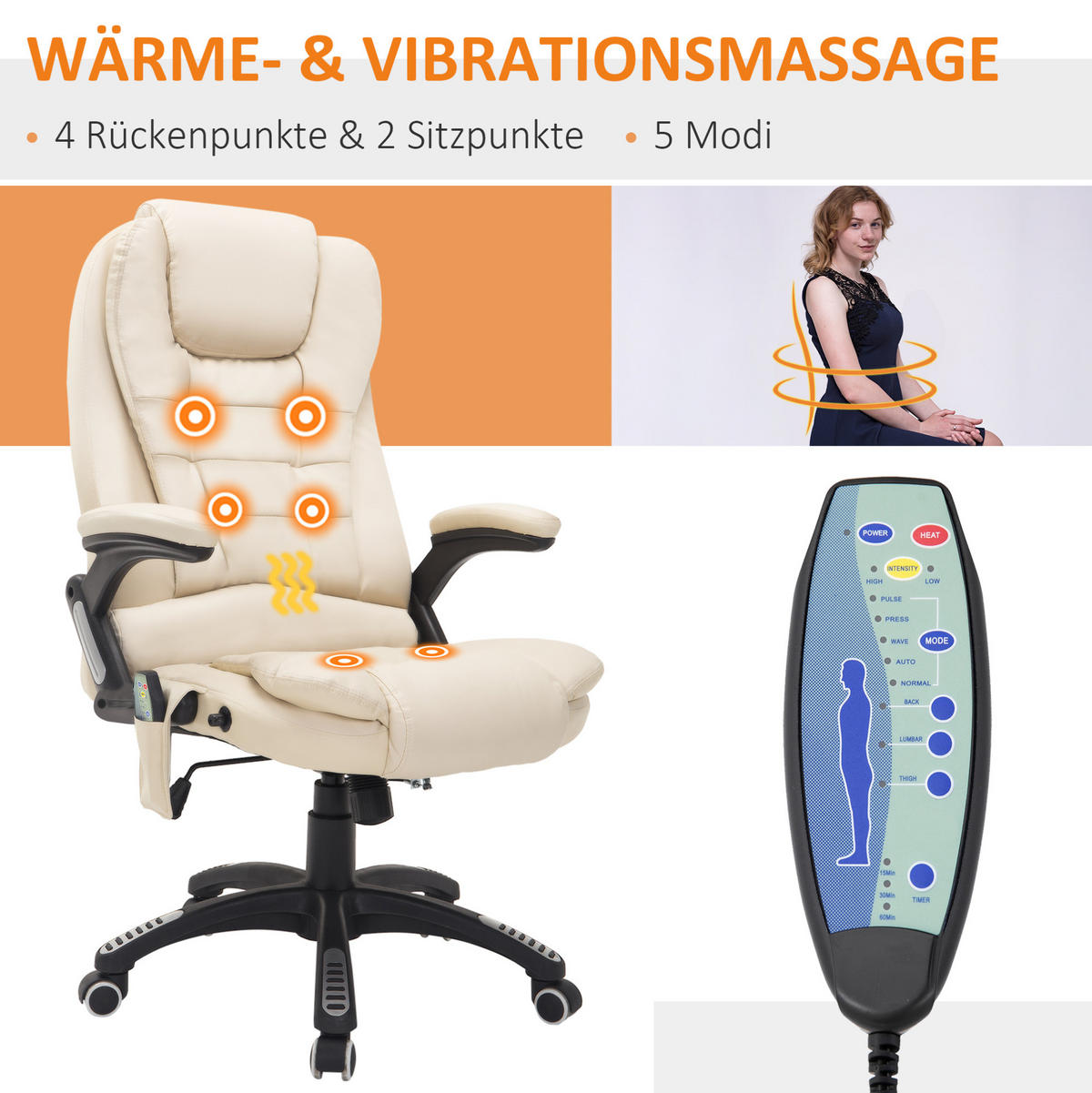 DREHSTUHL, Sitzbreite 54 cm, Sitzhöhe 44–54 cm, mit Massage- und Wärmefunktion, 62/68/121 cm, beige - Beige, Kunststoff (68/121/62cm) - Redom