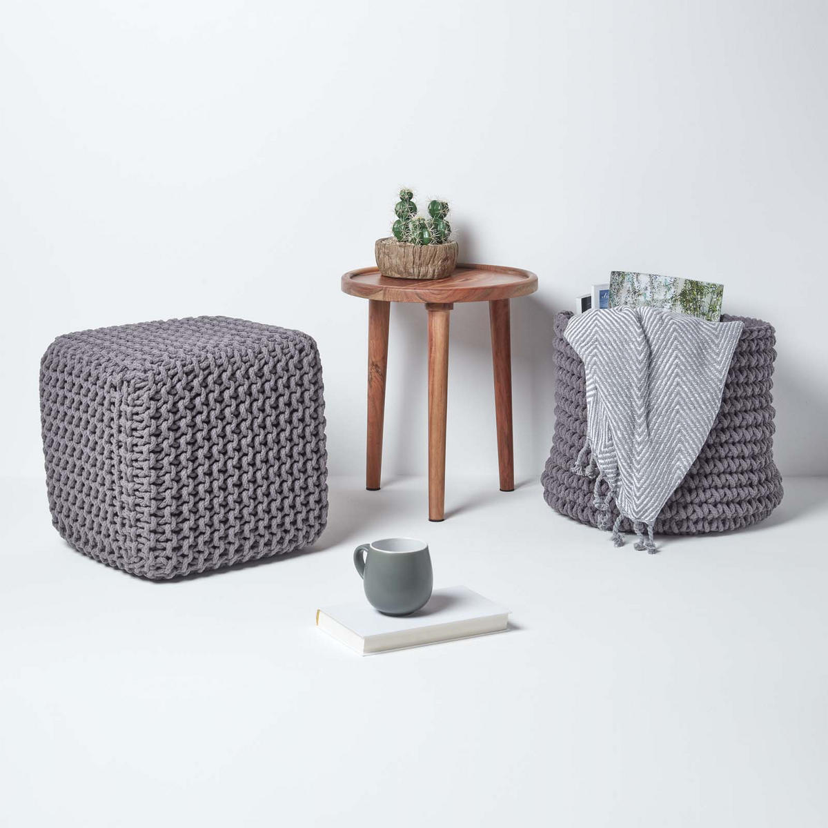 STRICK-POUF grau, Sitzwürfel 35/35/35 cm - Grau, Textil (35/35/35cm) - Homescapes