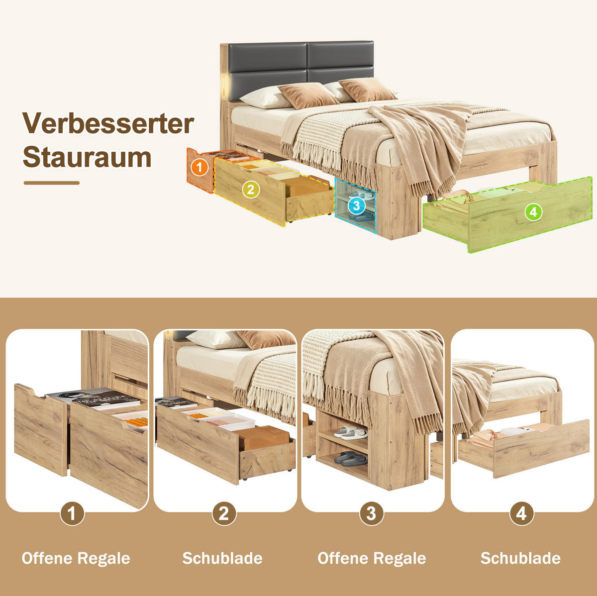 STAURAUMBETT aus MDF 140x200 cm Natur mit Schubladen, Nachtlicht, USB- und USB-C-Anschlüssen - Eichefarben, Holzwerkstoff (140/200cm) - Modfu