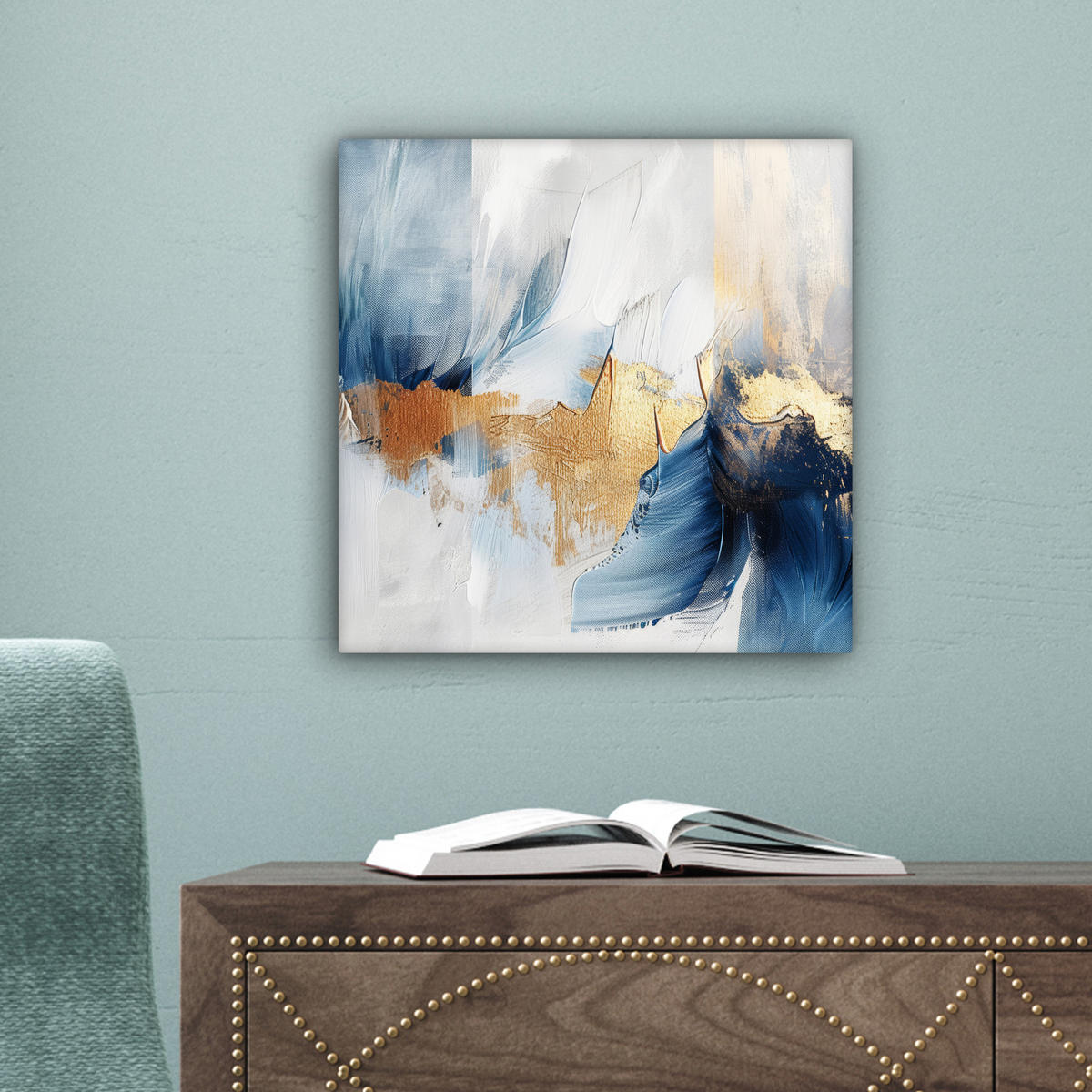 LEINWANDBILD Gold - Blau - Aquarell - Kunst - Modern 20x20 cm - Hellblau, Textil (20/20cm) - MuchoWow