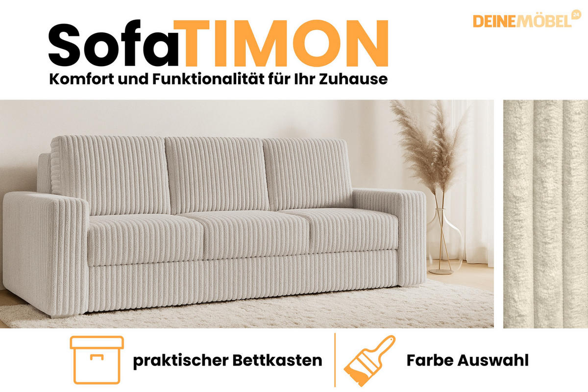 SOFA TIMON 245cm breit in Cord Ecru - Ecru, Holz/Holzwerkstoff (245/90/92cm) - Deine Möbel 24