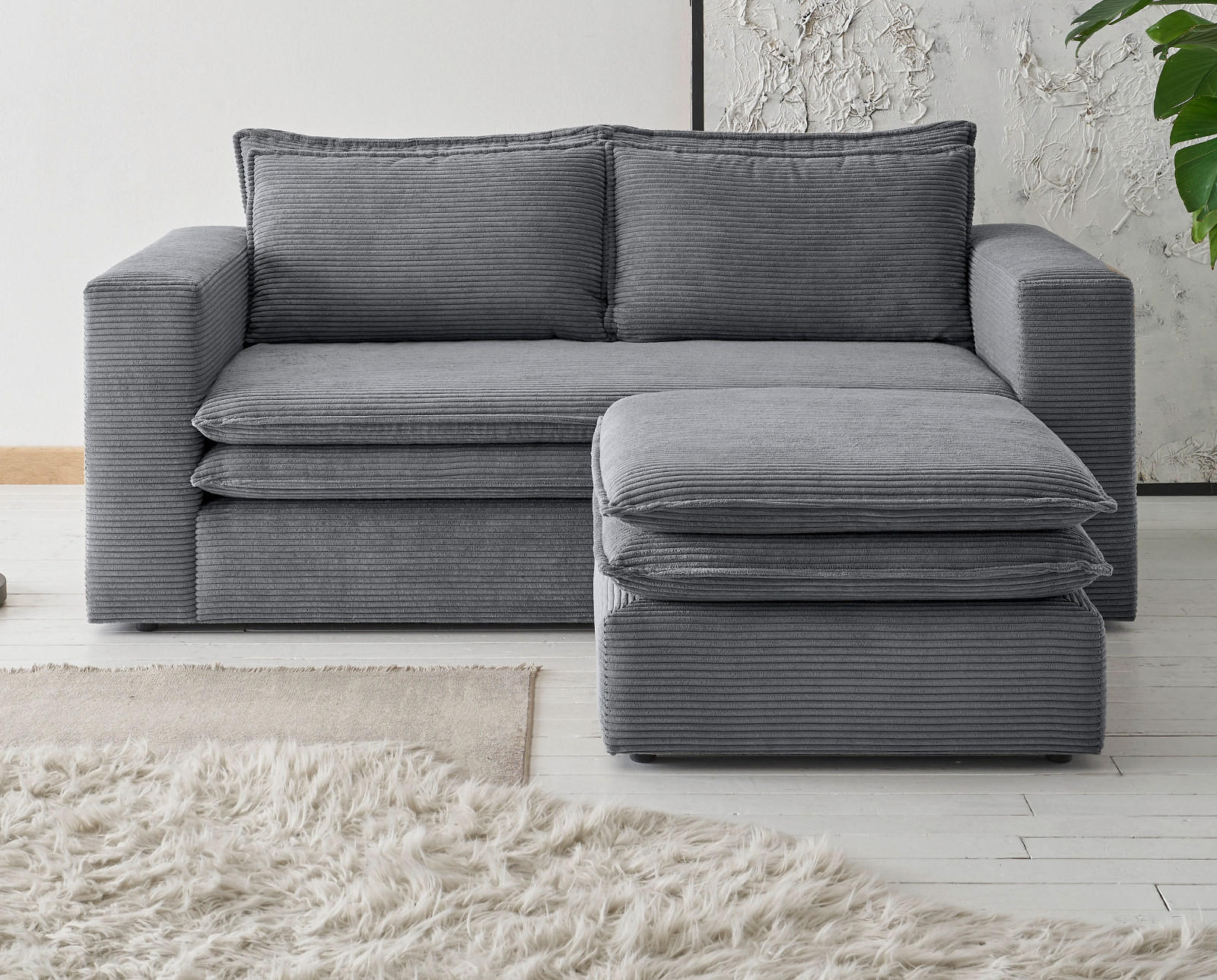 SOFA-SET grau Cord, Couch 2-Sitzer inklusive Hocker - Beige/Grau, Holz/Textil (180/83/161cm) - Furn.Design