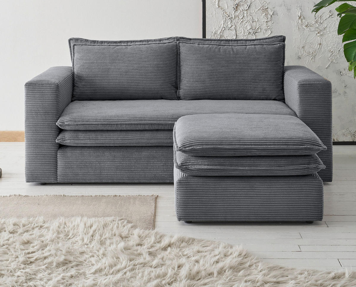 SOFA-SET grau Cord, Couch 2-Sitzer inklusive Hocker - Beige/Grau, Holz/Textil (180/83/161cm) - Furn.Design