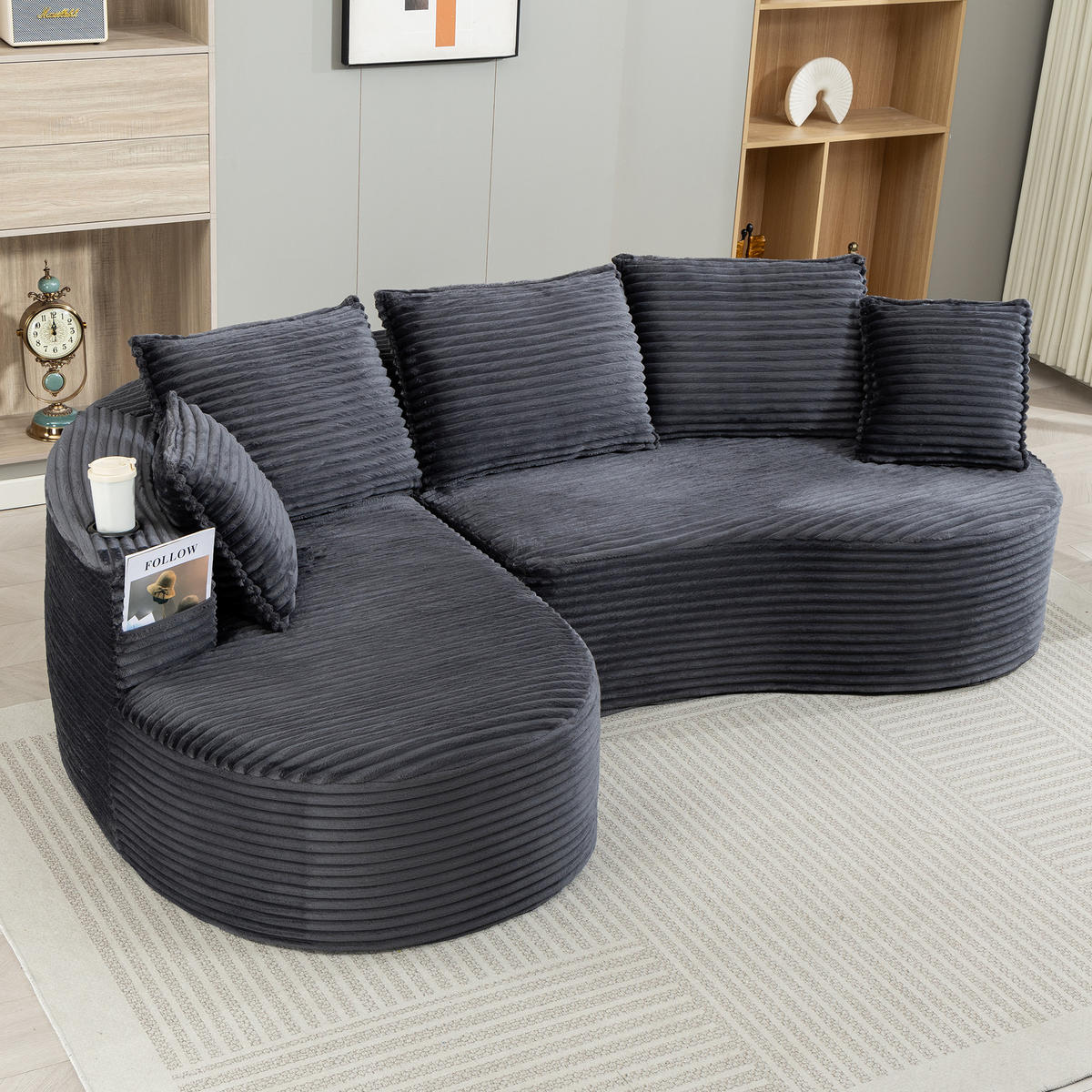 WOHNLANDSCHAFT 250/152/82 cm Dunkelgrau mit Becherhalter und Stautasche - Dunkelgrau, Textil (250/152cm) - Oxeza