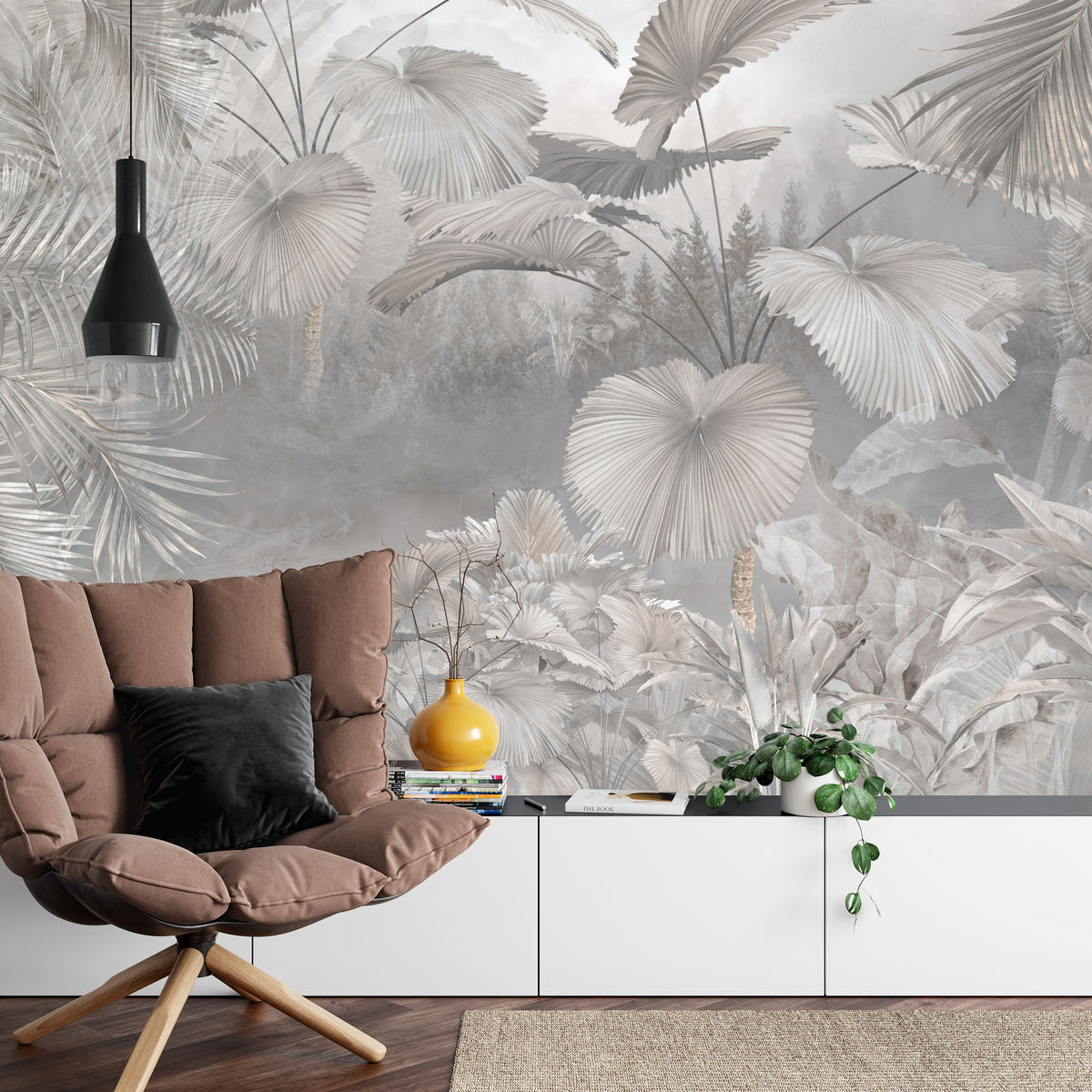 FOTOTAPETE für Wohnzimmer Tropische Blätter Dschungel Palmen Grau 300x210 - Beige/Grau, Papier (300/210cm) - Muralo