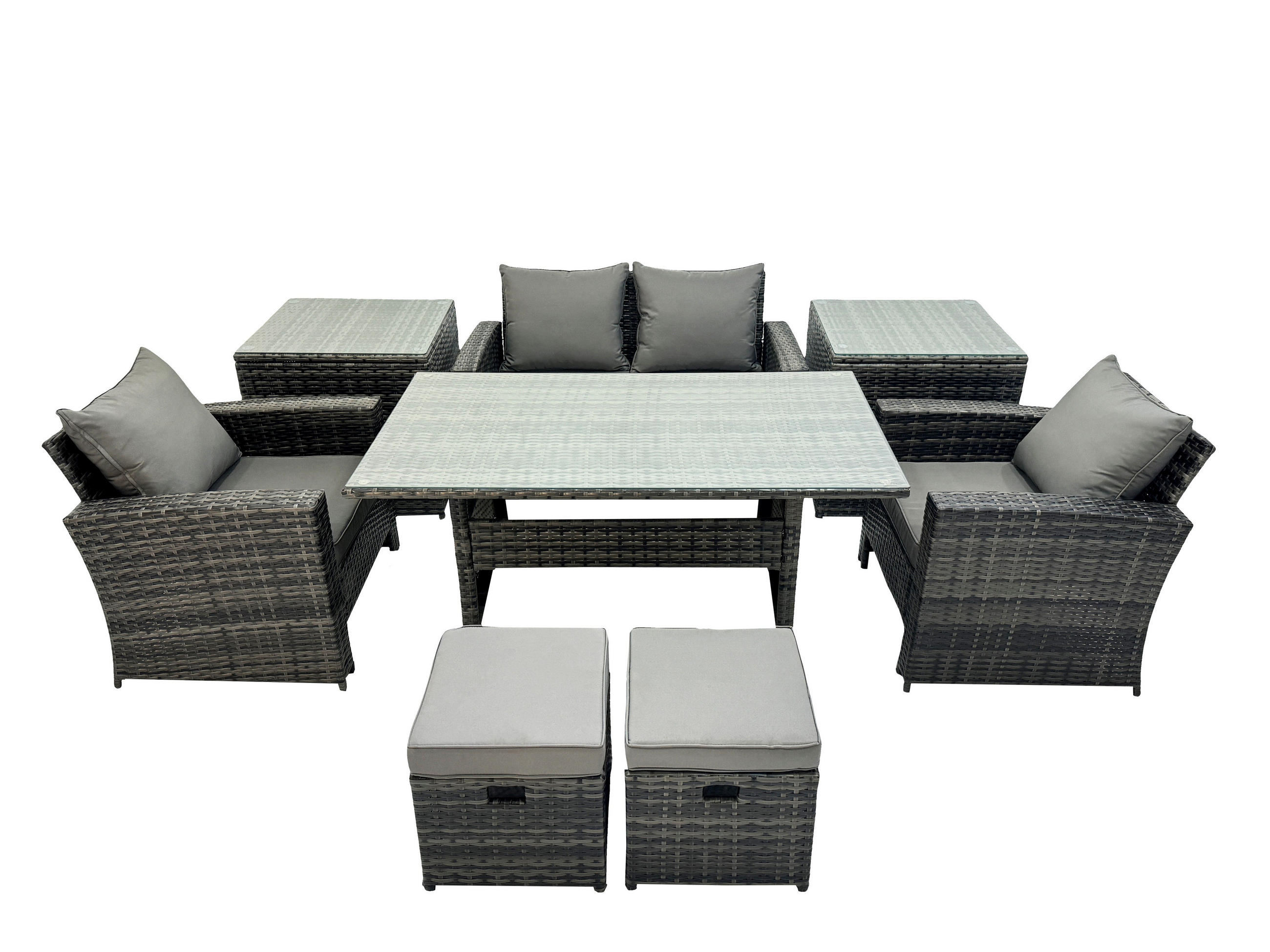 GARTENMÖBELSET mit 2 Sesseln,Zweisitzer,2 kleine Fußhocker,Esstisch,2 Beistelltischen Polyrattan Dunkelgrau 6-Sitzer - Dunkelgrau/Grau, Glas/Kunststoff - Fimous