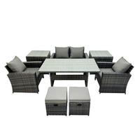 GARTENMÖBELSET mit 2 Sesseln,Zweisitzer,2 kleine Fußhocker,Esstisch,2 Beistelltischen Polyrattan Dunkelgrau 6-Sitzer - Dunkelgrau/Grau, Glas/Kunststoff - Fimous