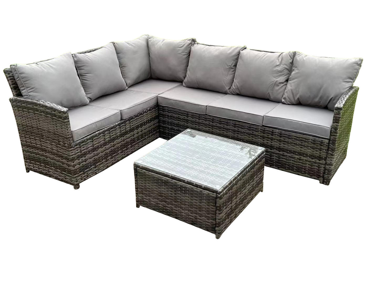 GARTENMÖBEL SET mit Quadratischer Couchtisch Polyrattan Dunkelgrau 6-Sitzer - Dunkelgrau/Grau, Glas/Kunststoff - Fimous