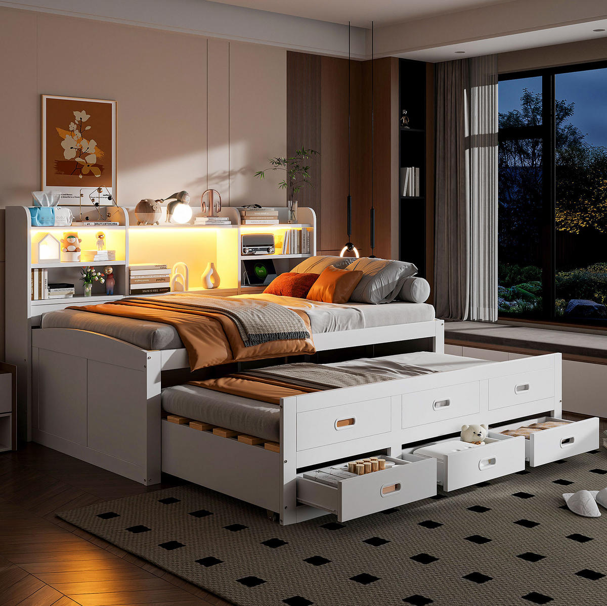 POLSTERBETT 90/200 cm Weiß aus Spanplatte und MDF mit LED und Ausziehbett - Weiß, Holzwerkstoff (90/200cm) - OKMYHOME