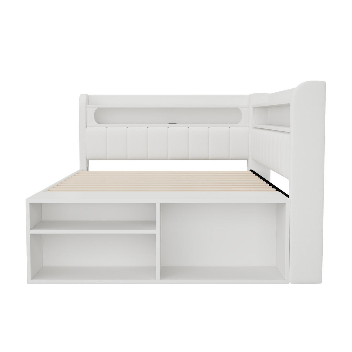 ČALOUNĚNÁ postel 90/200 cm bílá z MDF a překližky s LED osvětlením, USB a botníkem - bílá, kompozitní dřevo (90/200cm) - OKWISH