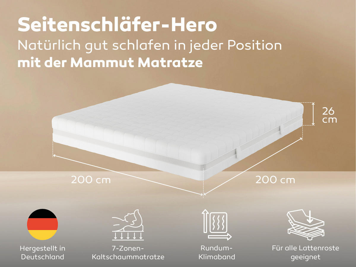 KALTSCHAUMMATRATZE Mammut, ideal für Seitenschläfer, Größe: 200x200, Härtegrad: H5 - Weiß, Textil (200/200cm) - Betten-ABC